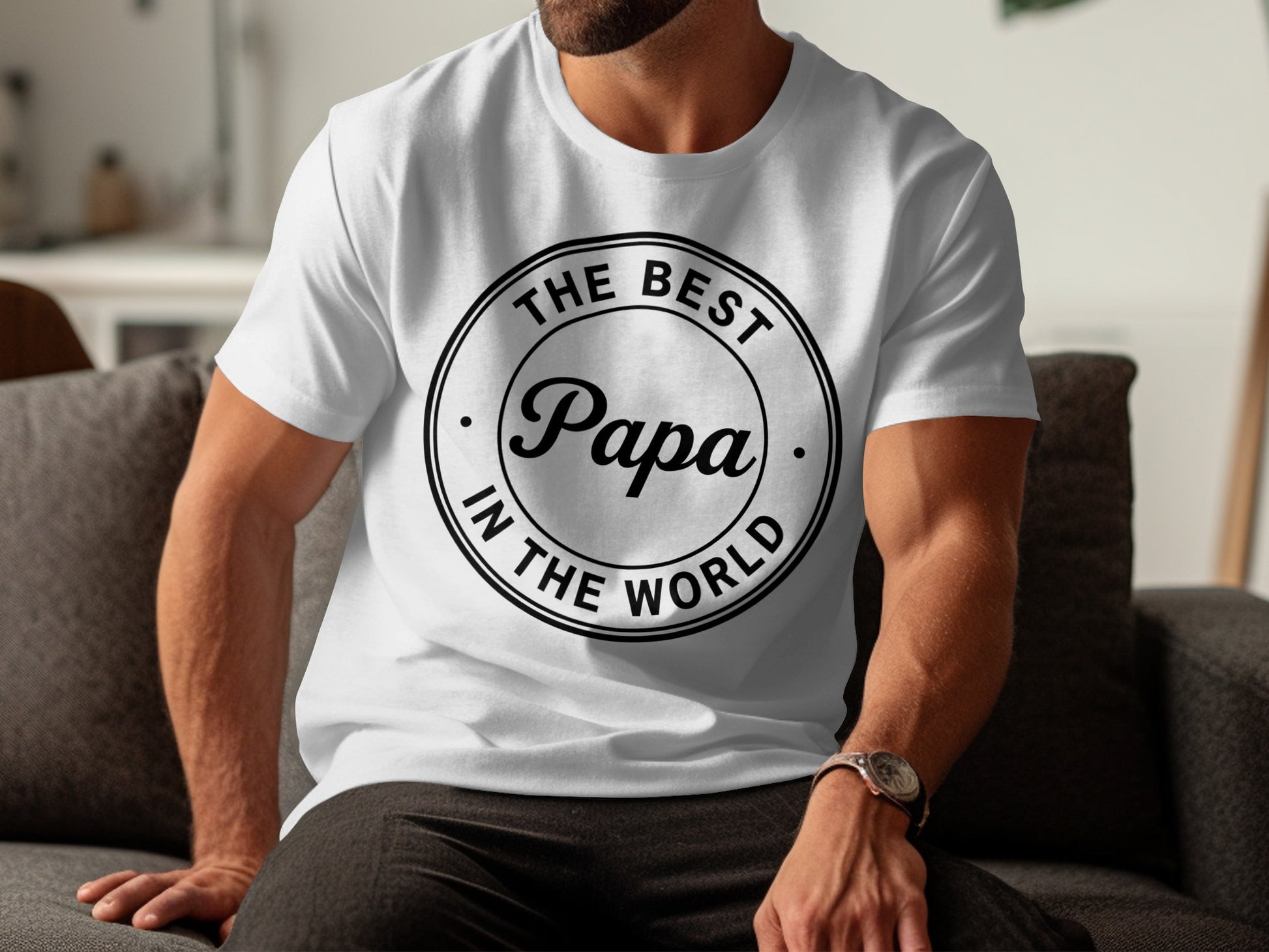 White t-shirt with "The Best Papa in the World" text design.