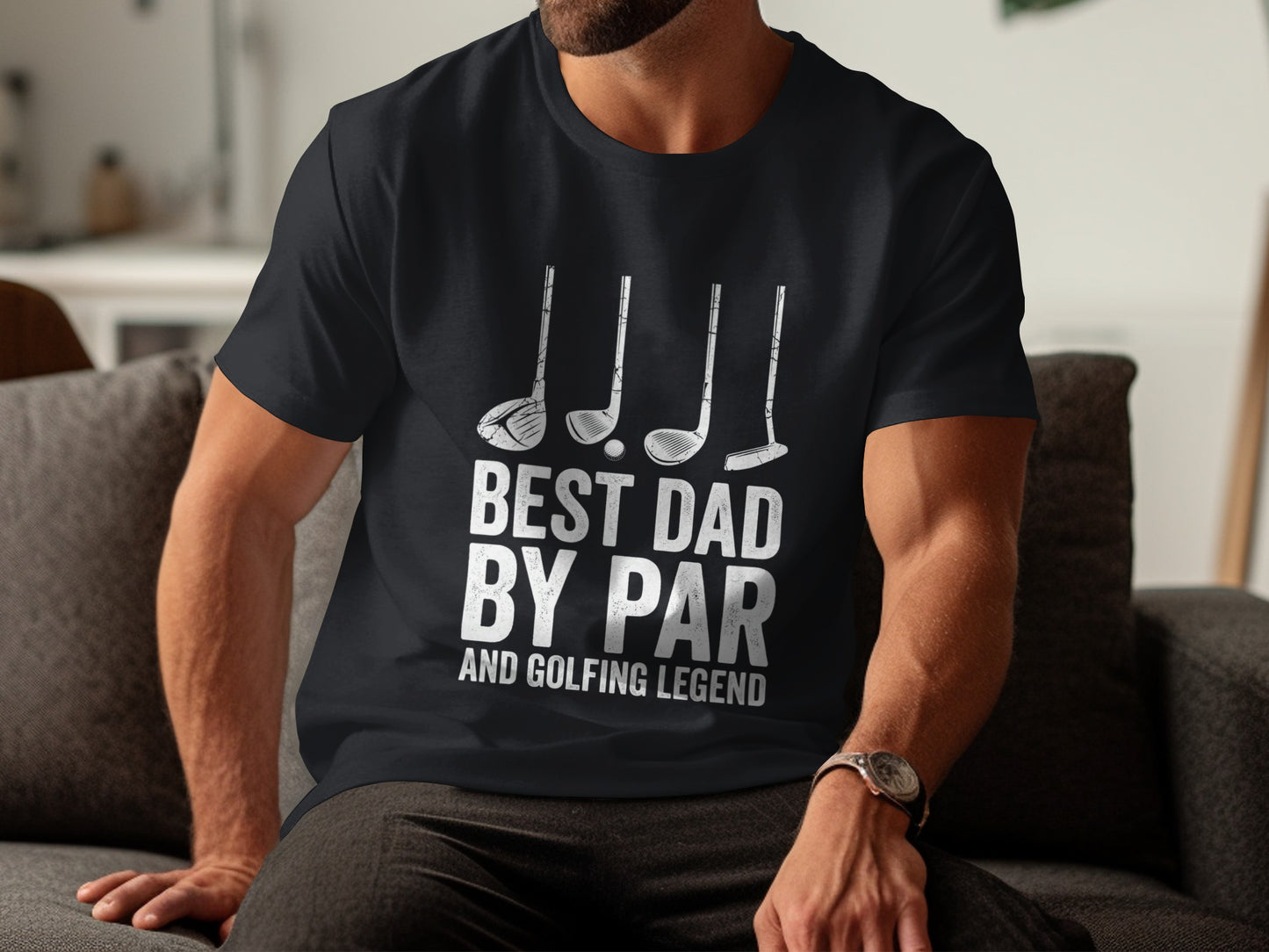 Black t-shirt with "Best Dad By Par and Golfing Legend" and golf club graphics.