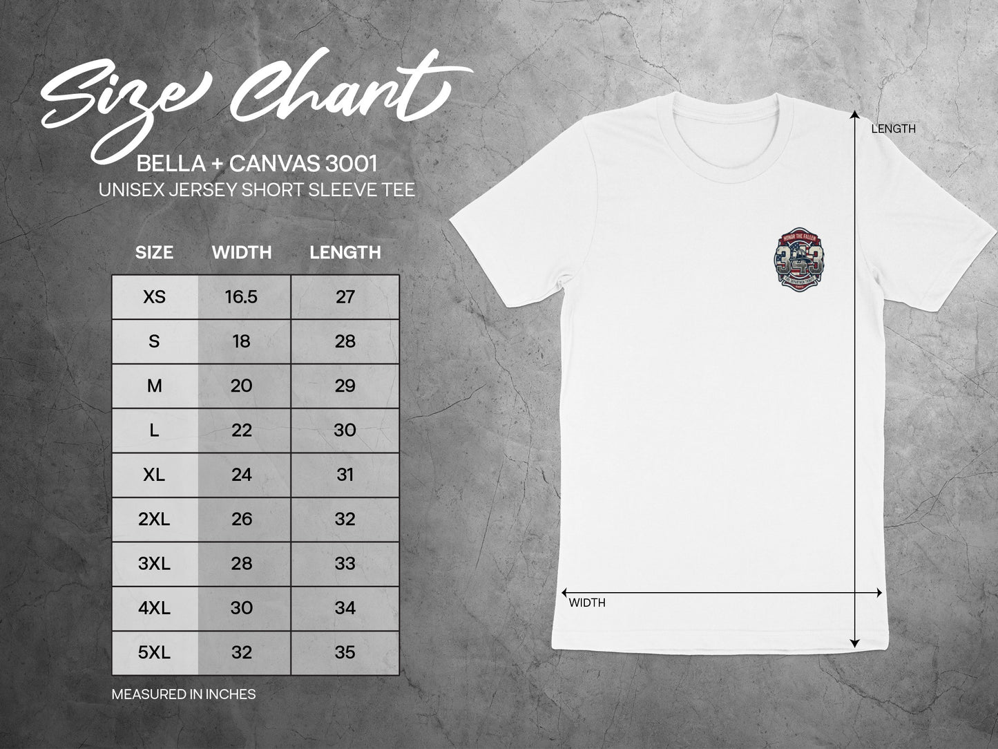Bella + Canvas 3001 unisex t-shirt size chart in inches.