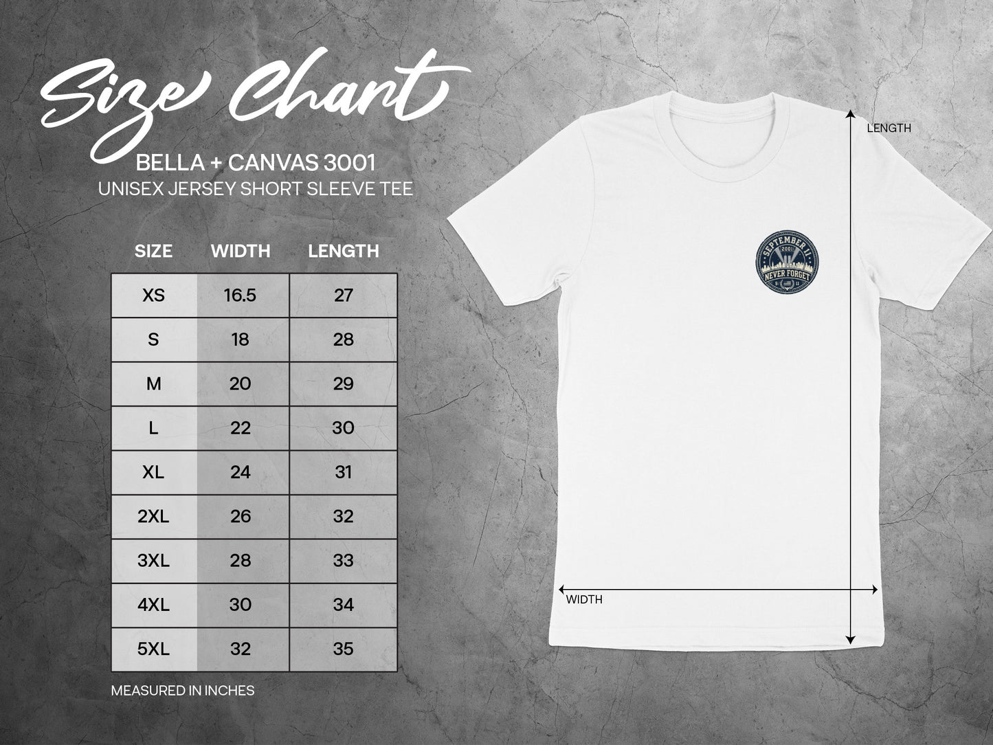 Unisex Bella + Canvas 3001 size chart for short sleeve tees, measured in inches.