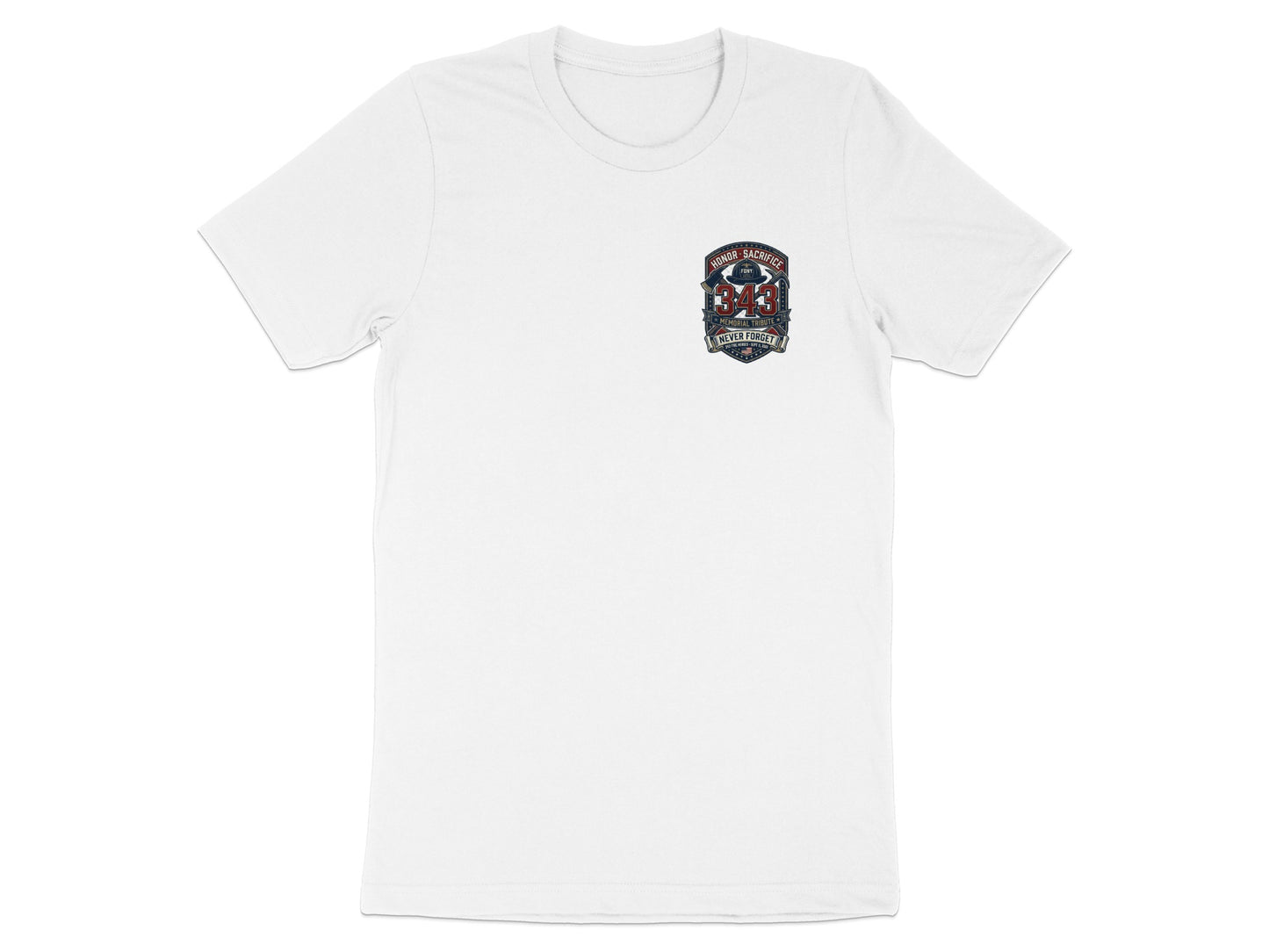 White t-shirt with "343 Honor Sacrifice Never Forget" emblem on the chest.