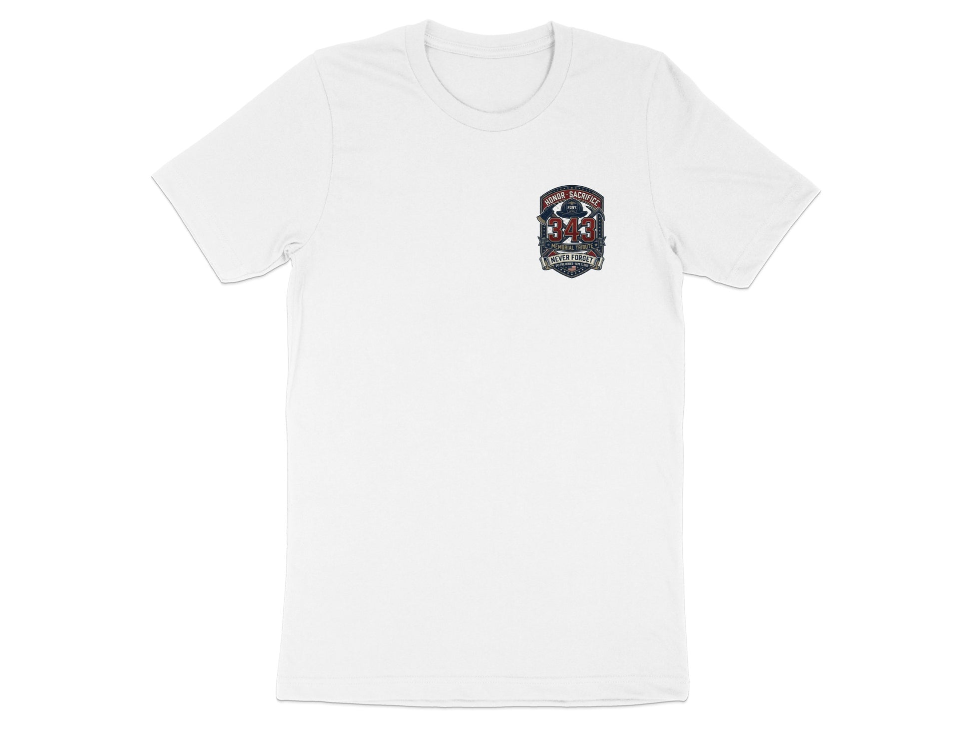 White t-shirt with "343 Honor Sacrifice Never Forget" emblem on the chest.