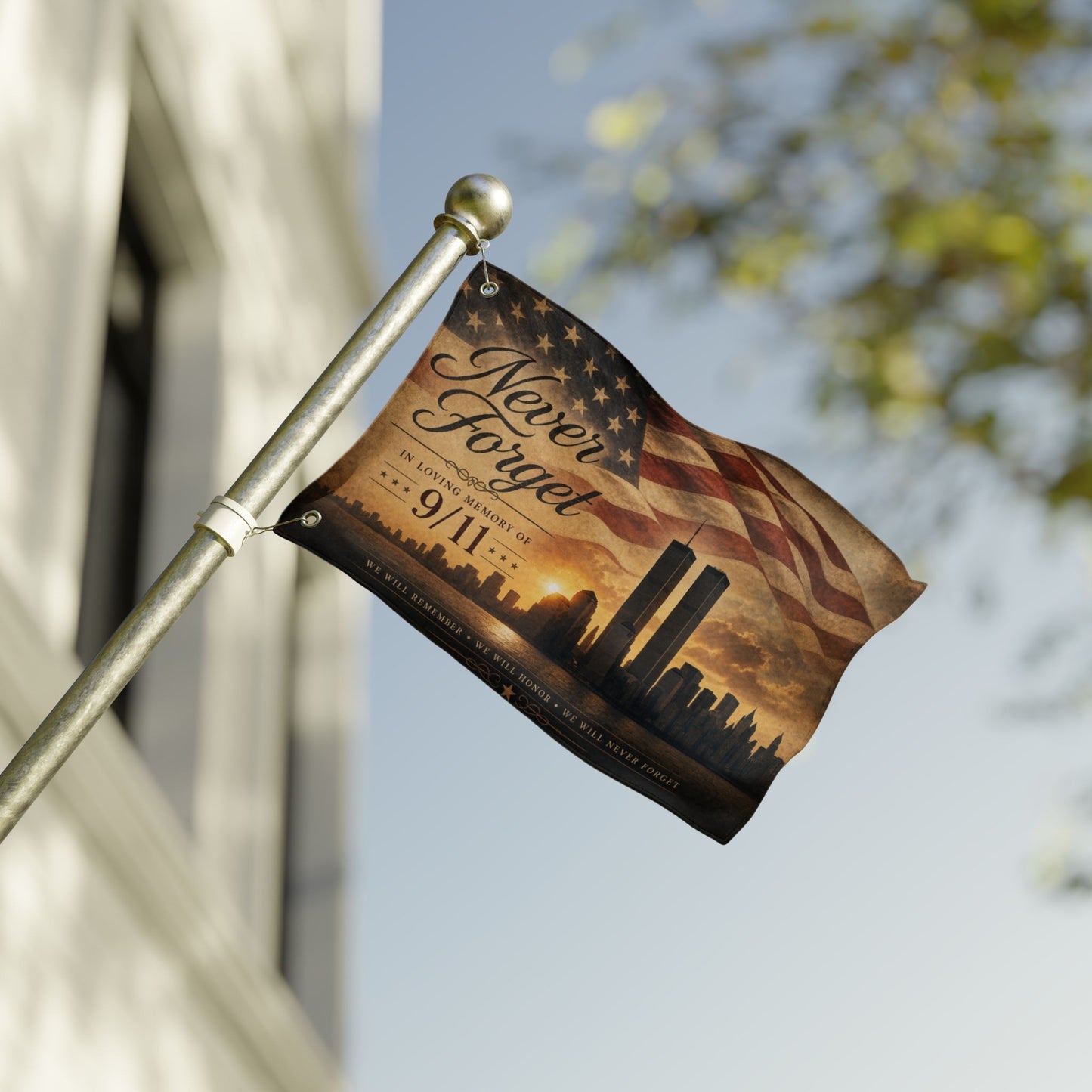 Flag with "Never Forget 9/11" text, Twin Towers, and cityscape at sunset.