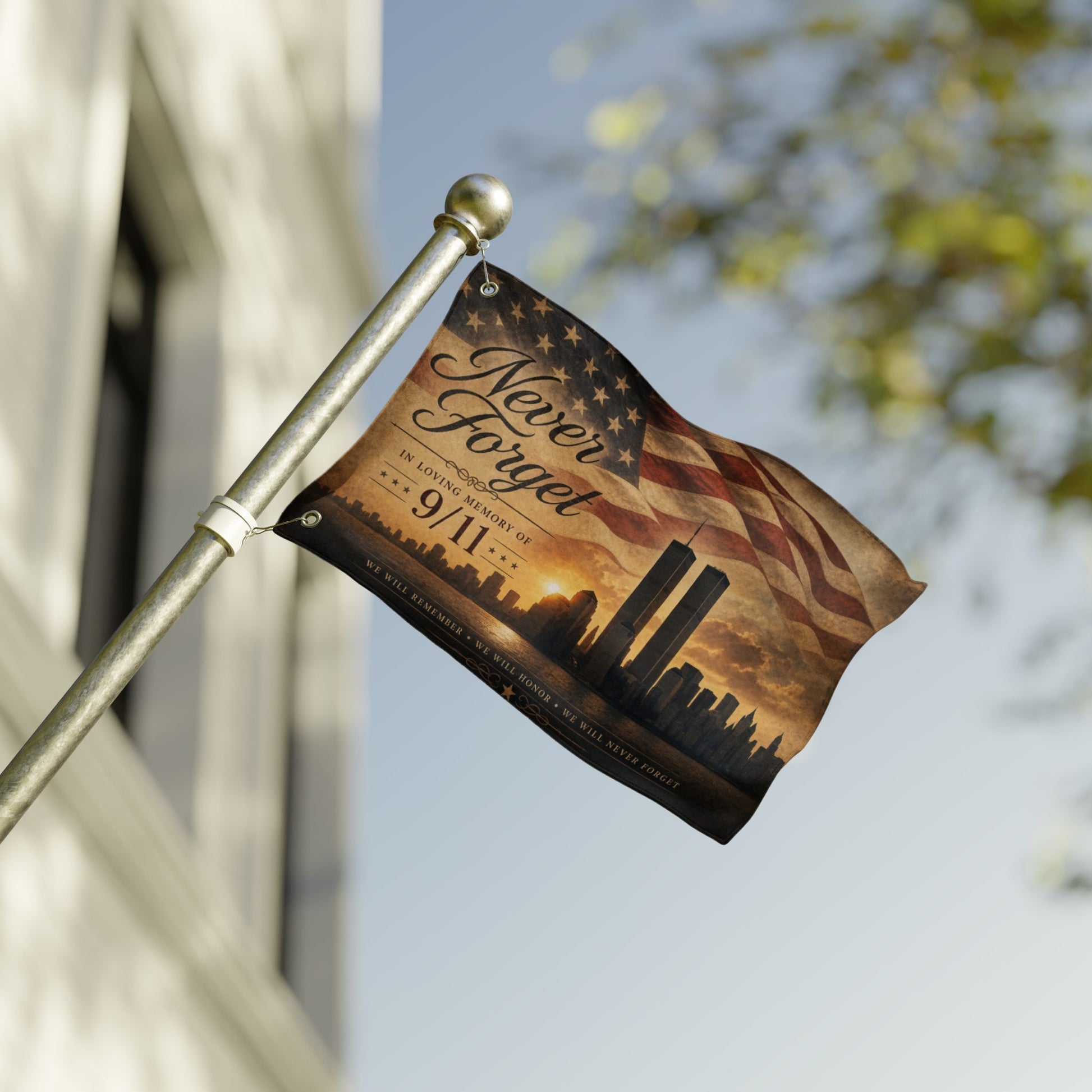 Flag with "Never Forget 9/11" text, Twin Towers, and cityscape at sunset.