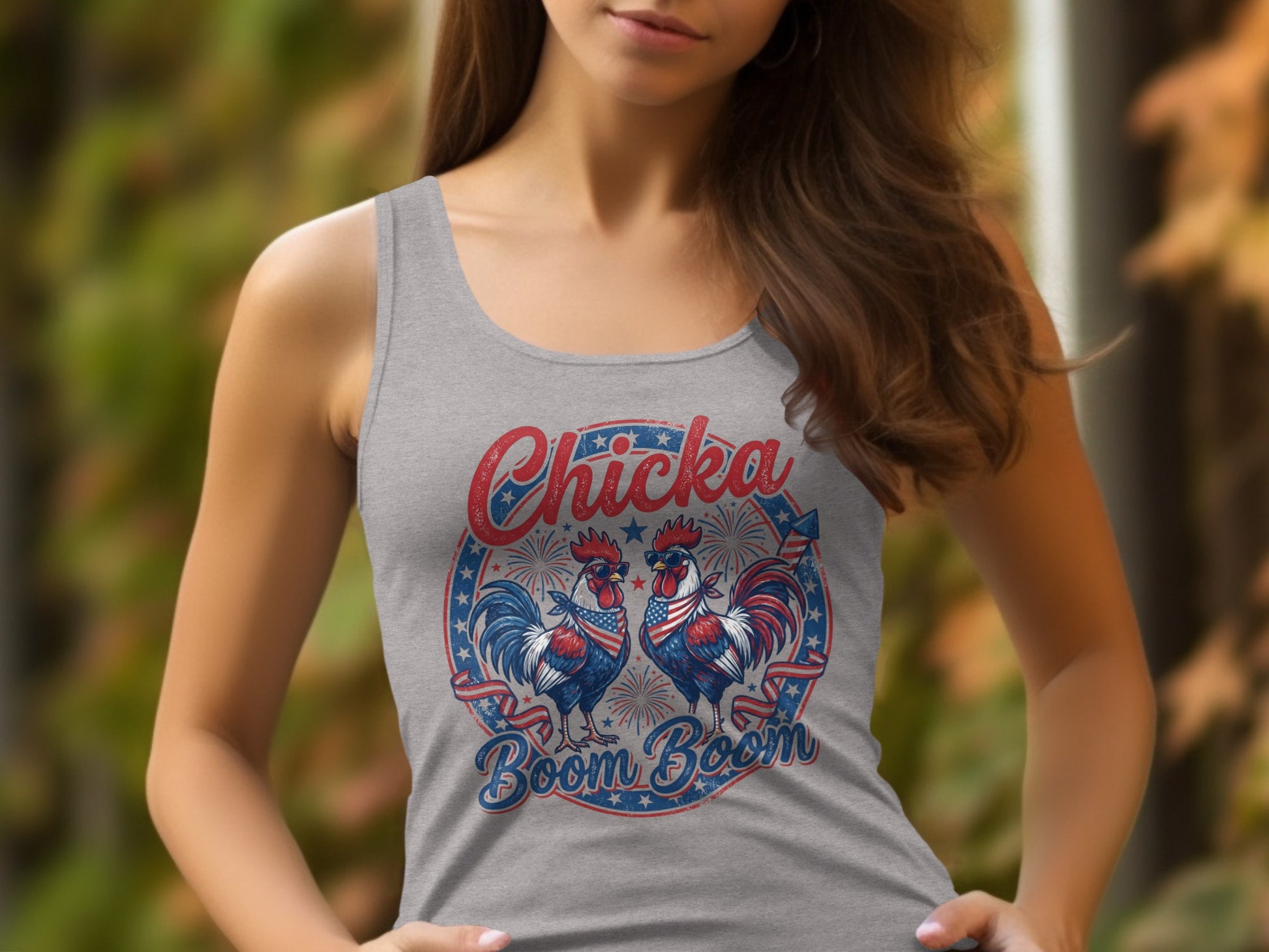 Gray tank top with two roosters in sunglasses and bandanas, text "Chicka Boom Boom."