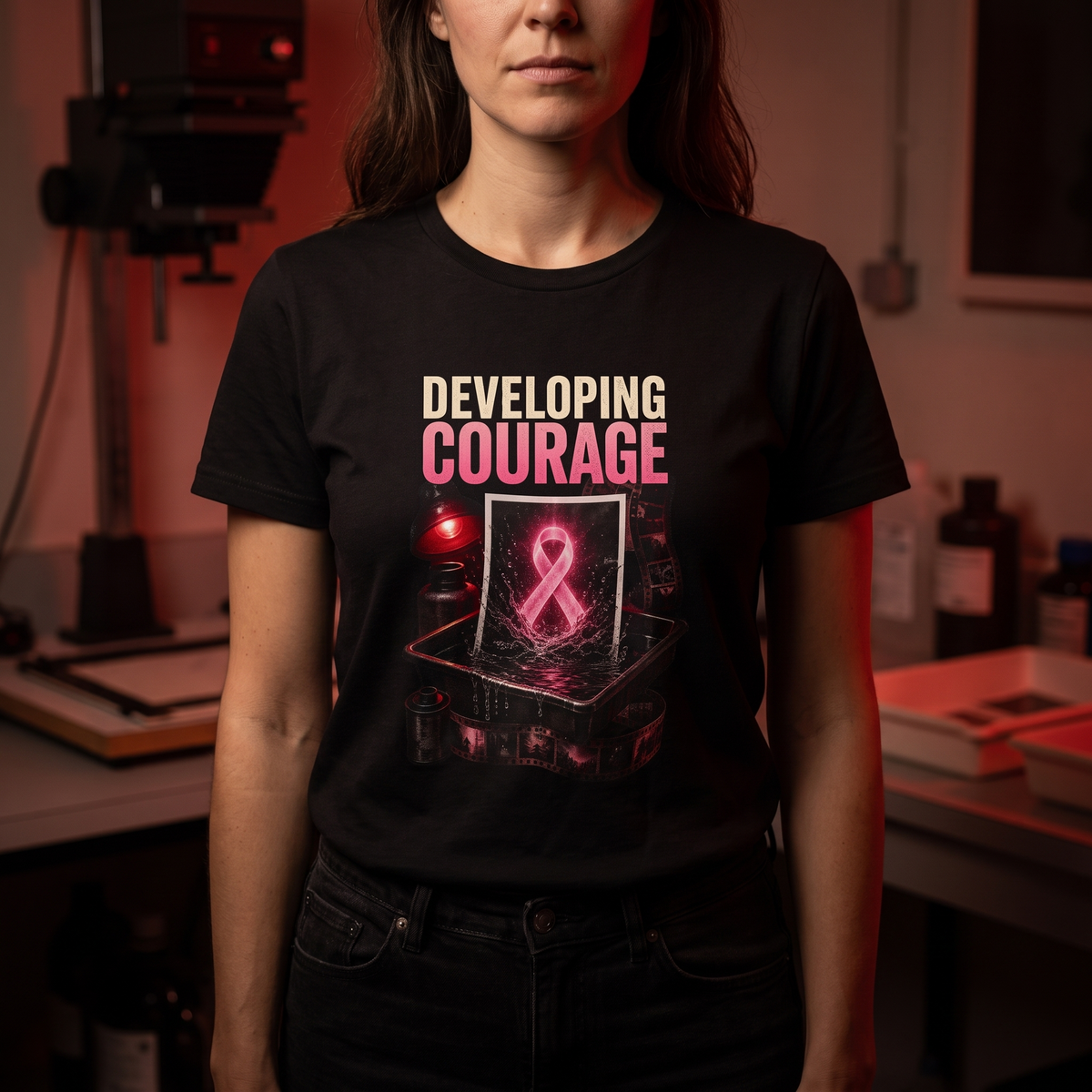 Woman wearing the Developing Courage breast cancer awareness t-shirt in a darkroom