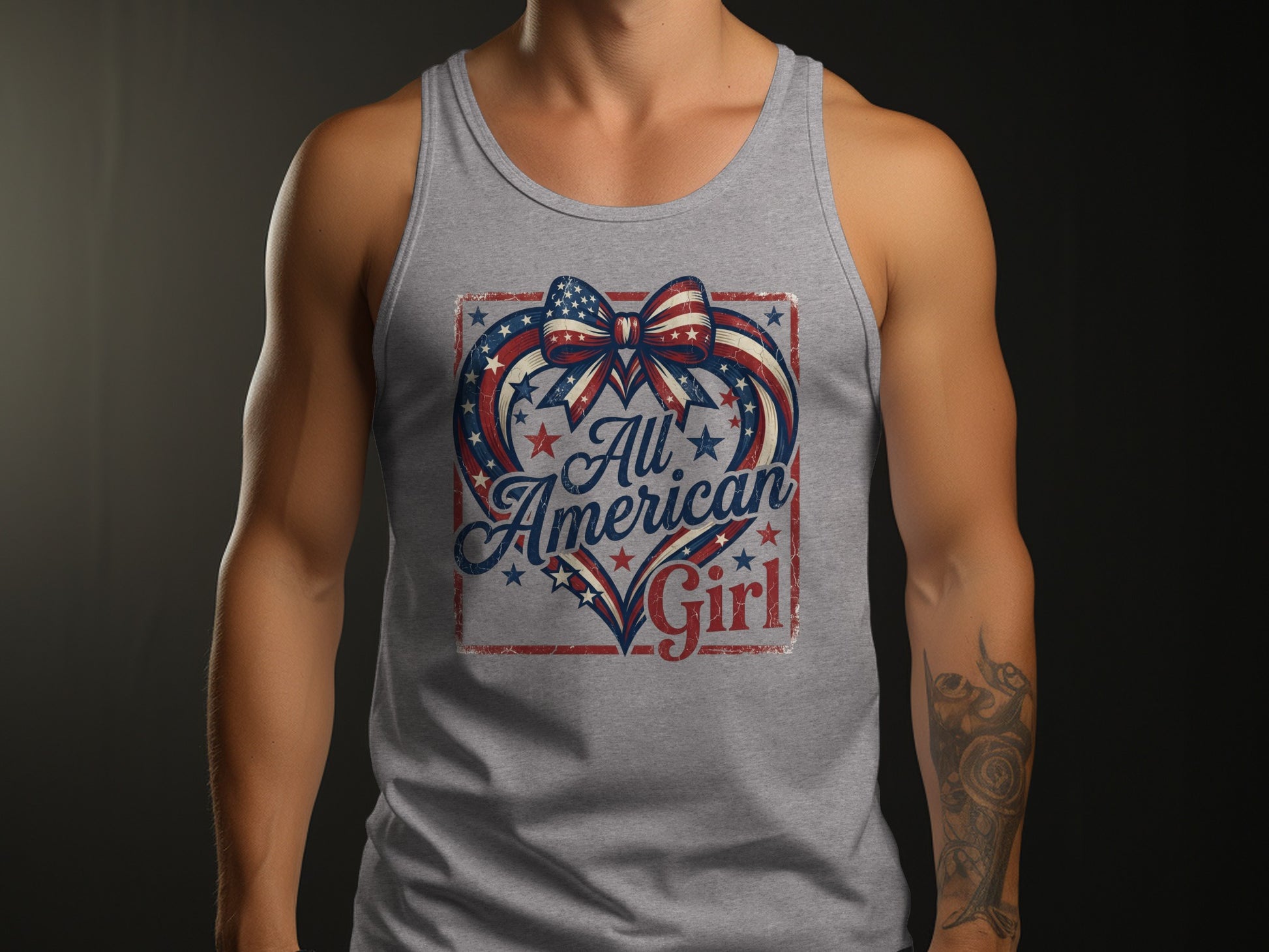 Tank top featuring a distressed heart graphic with stars, stripes, and "All American Girl" text.