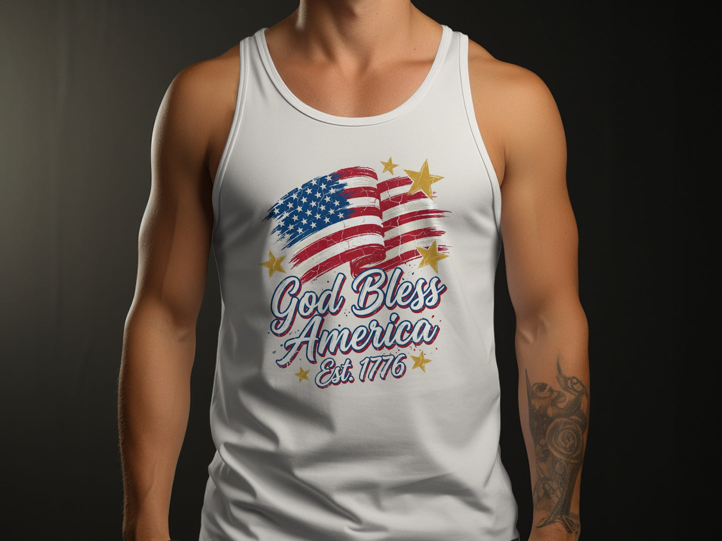 White tank top with distressed American flag graphic and "God Bless America Est. 1776" text.
