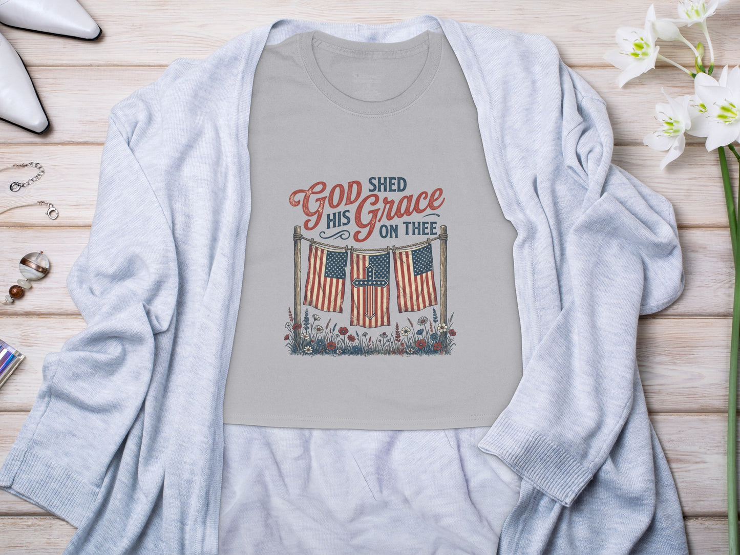 Gray t-shirt with "God Shed His Grace On Thee" and three American flags.