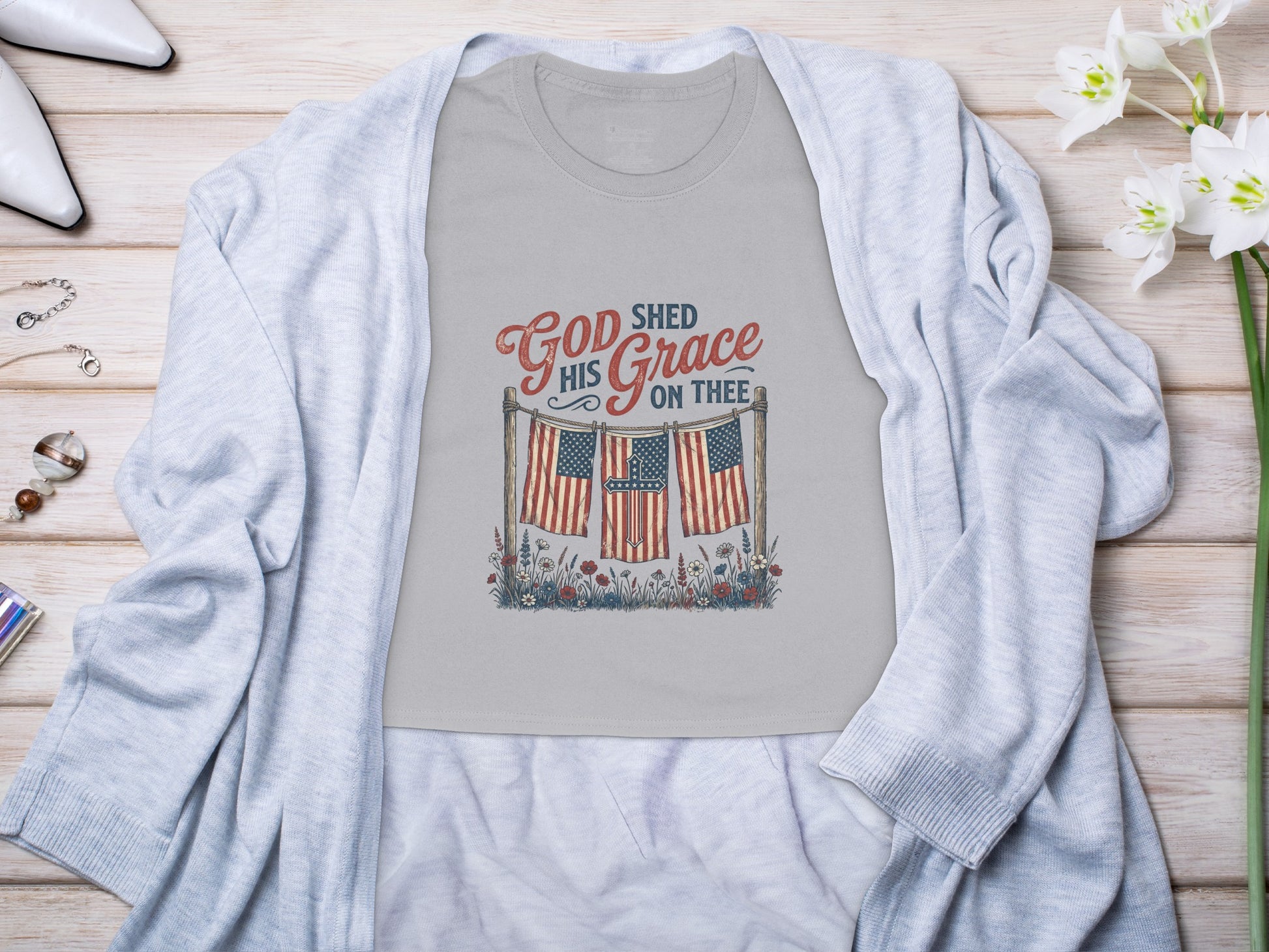 Gray t-shirt with "God Shed His Grace On Thee" and three American flags.