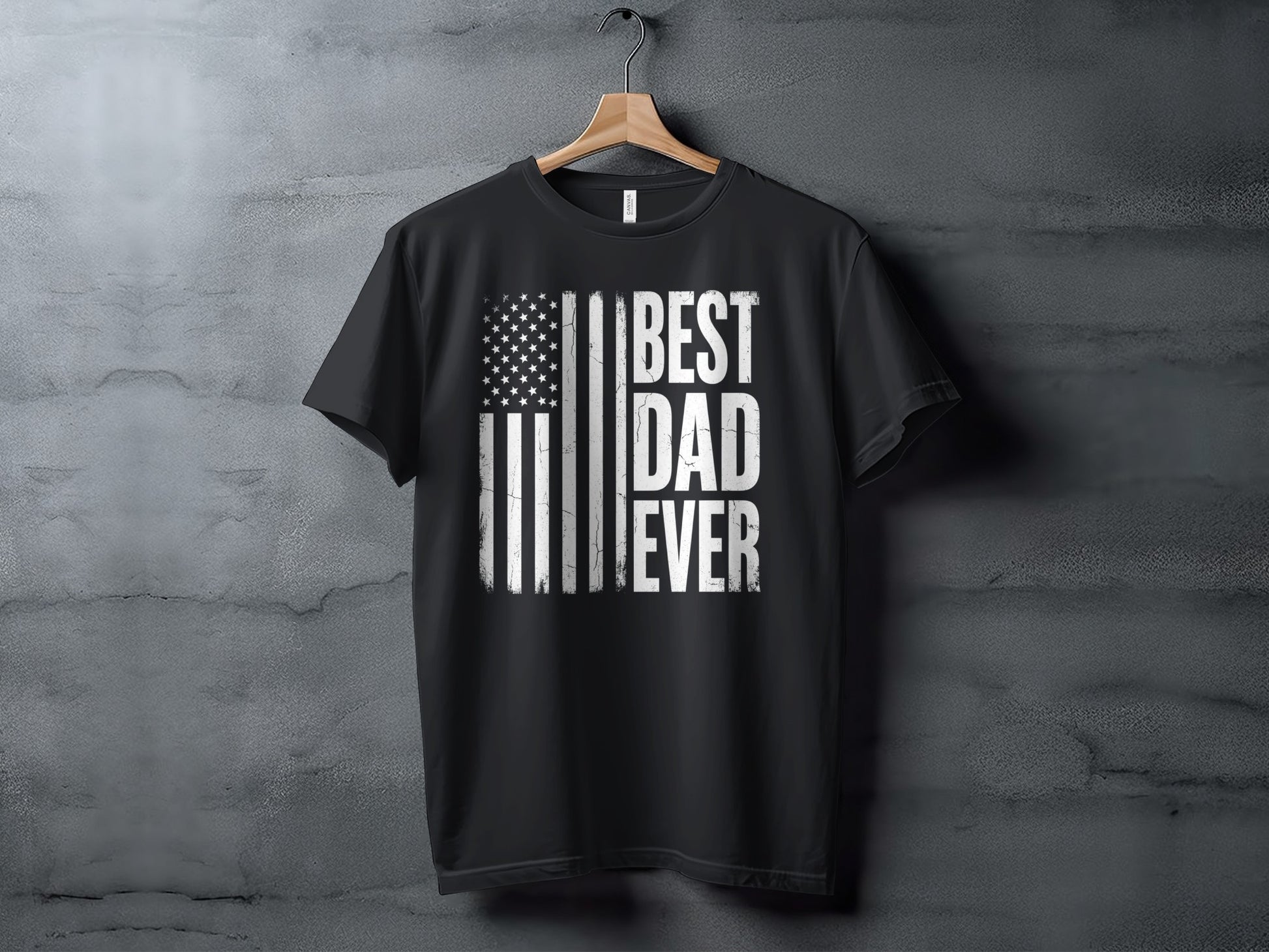 Black t-shirt with American flag and "BEST DAD EVER" text.