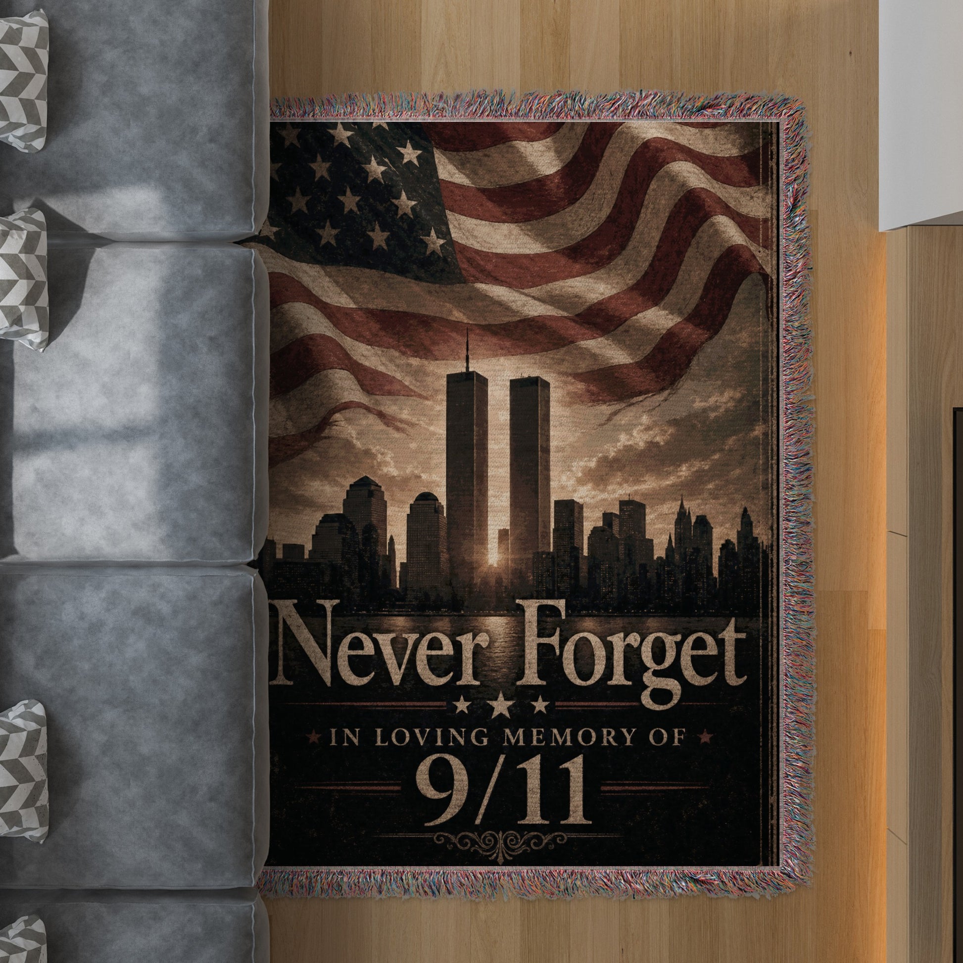 Woven rug with US flag, Twin Towers, and "Never Forget 9/11" text.
