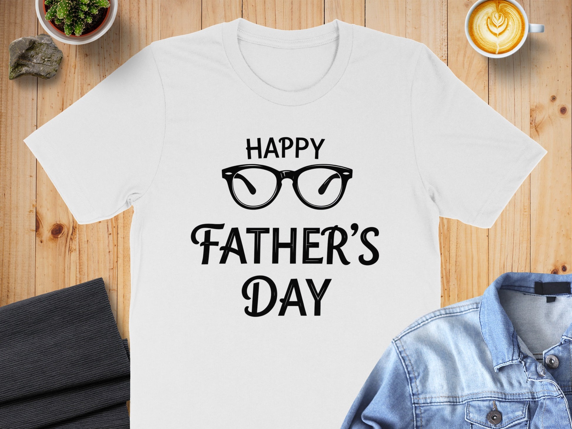White t-shirt with "Happy Father's Day" text and glasses graphic.