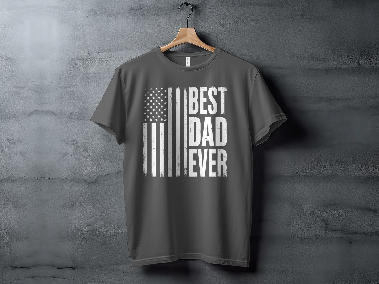 Charcoal t-shirt with distressed American flag and "BEST DAD EVER" text.
