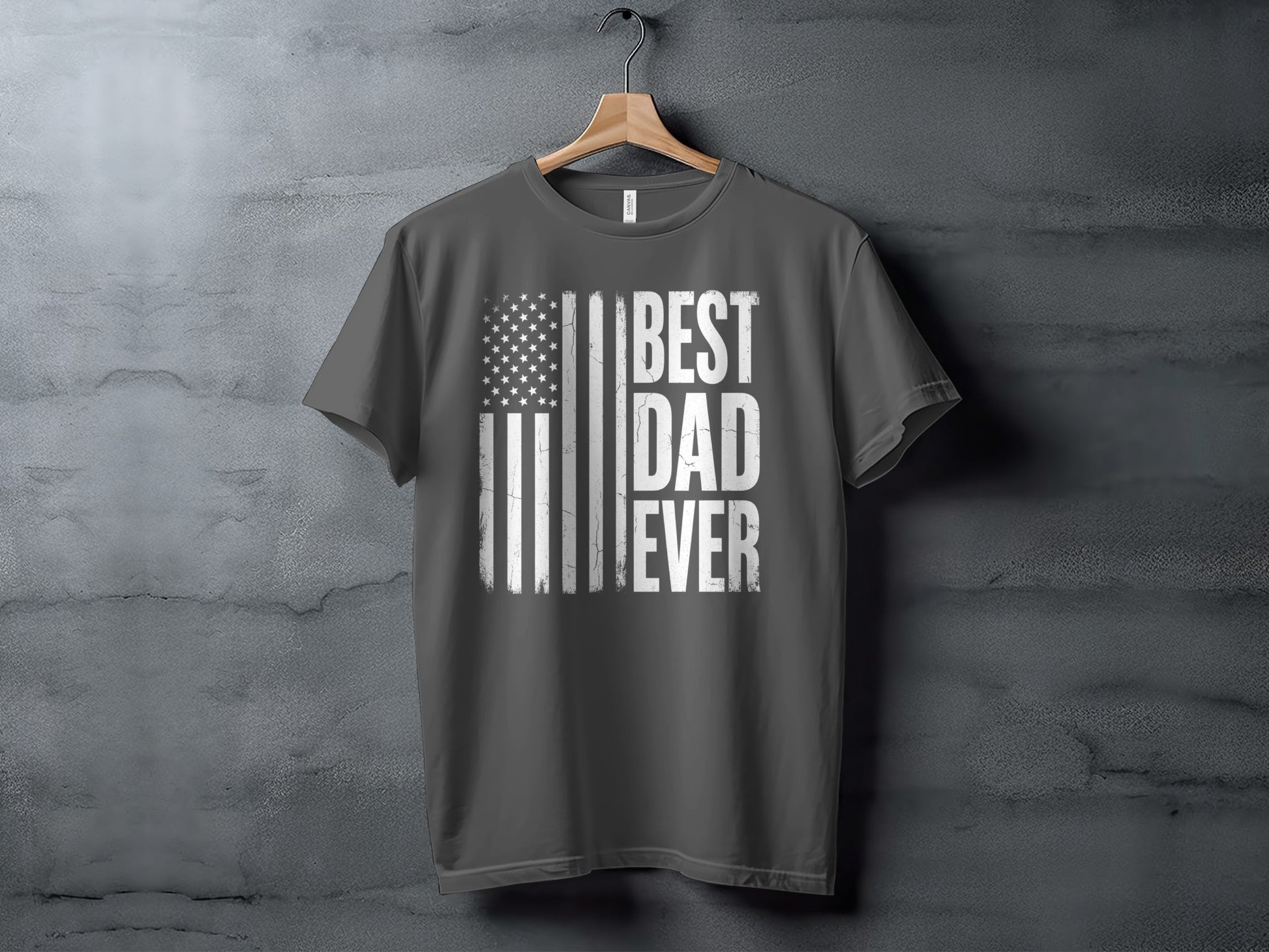 Charcoal t-shirt with distressed American flag and "BEST DAD EVER" text.