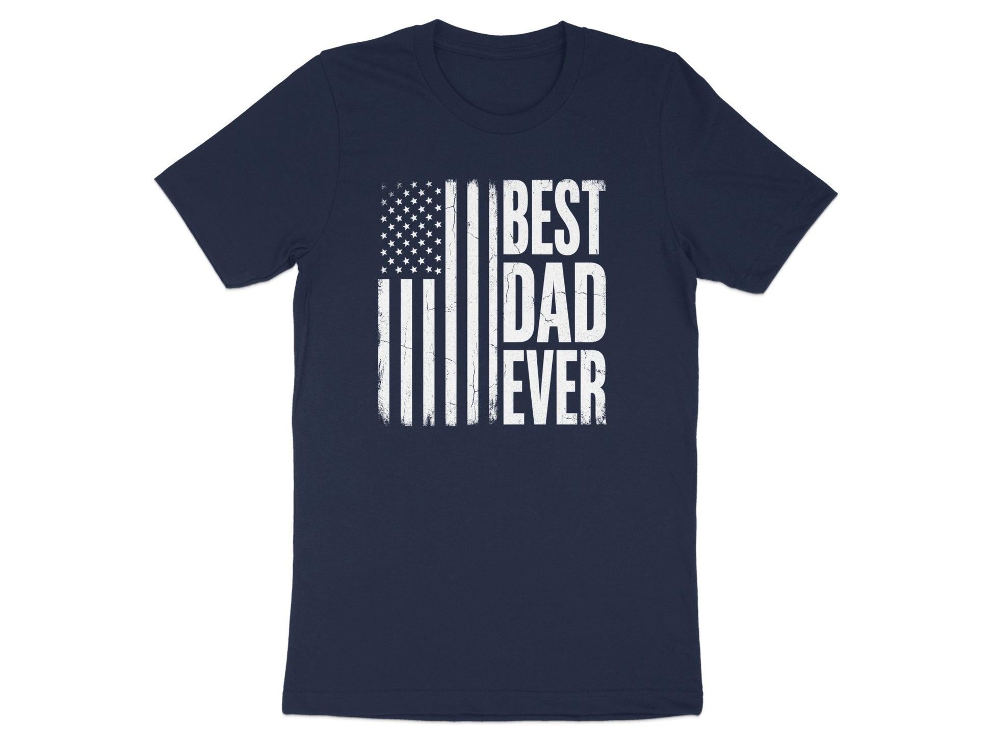 Navy t-shirt with distressed American flag and "BEST DAD EVER" text.