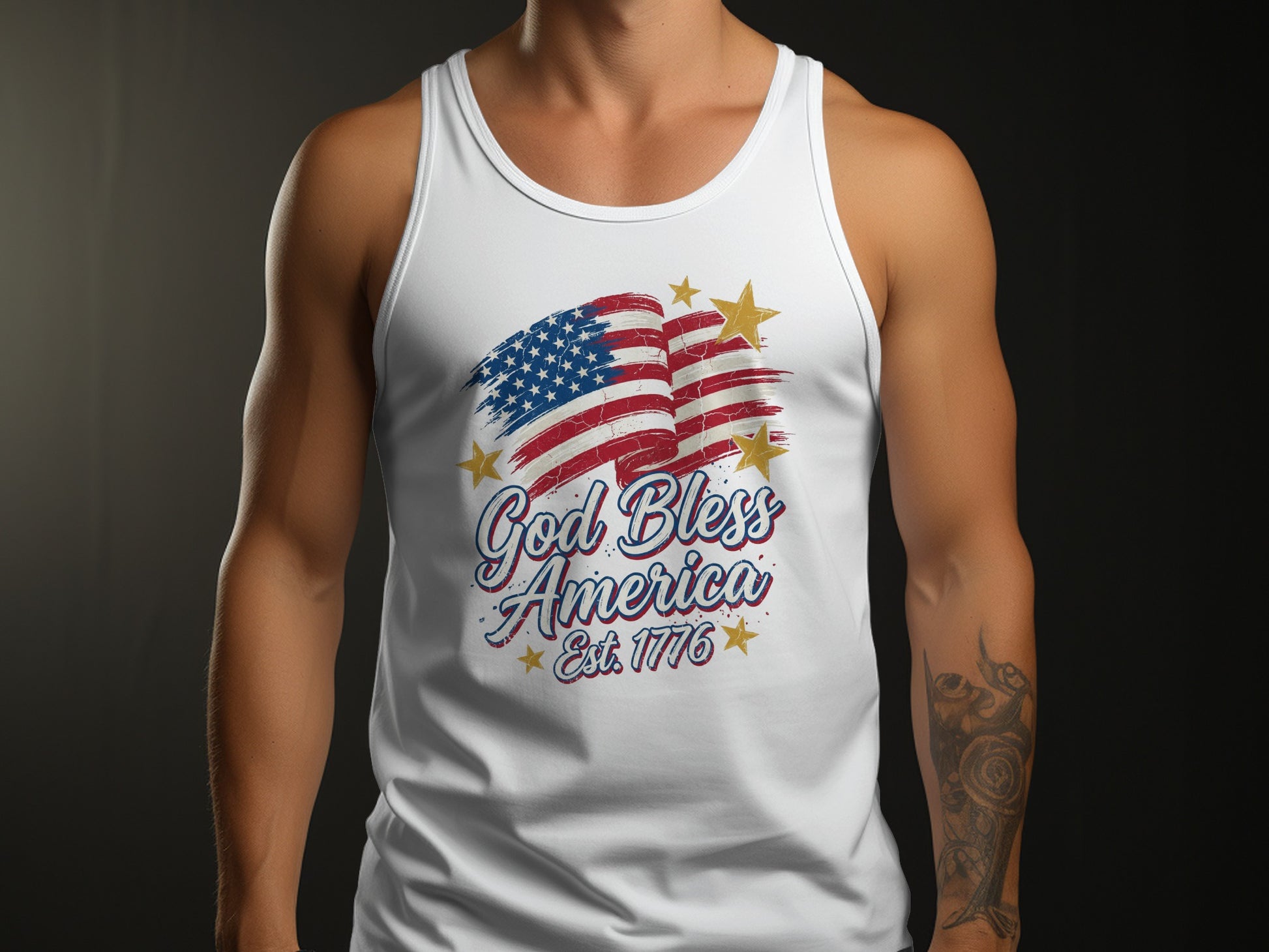 White tank top with American flag graphic and "God Bless America Est. 1776" text.