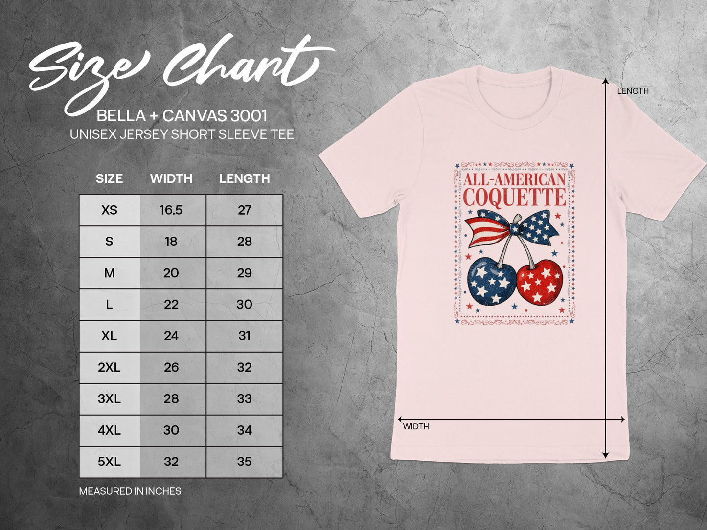 Size chart for Bella+Canvas 3001 unisex tee with patriotic graphic.