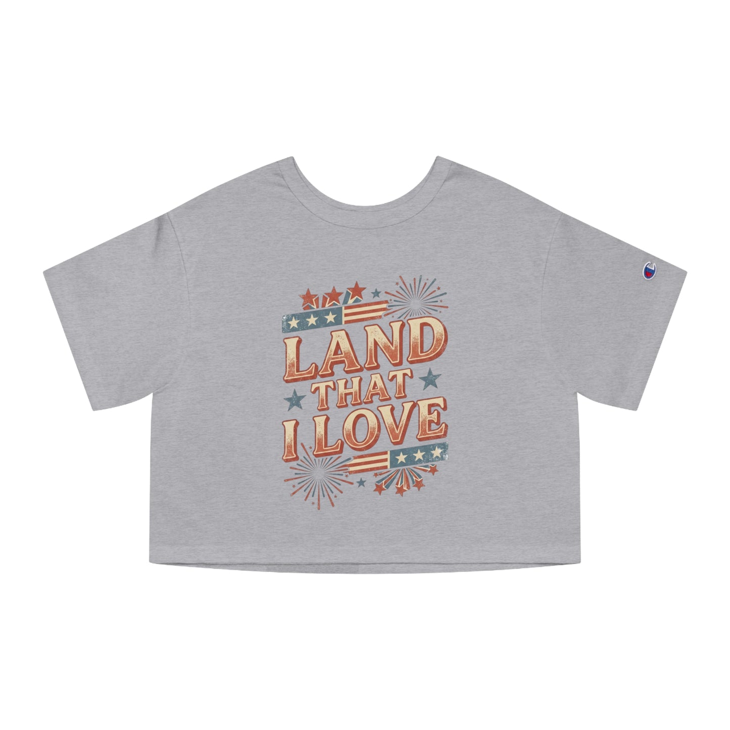 Gray cropped t-shirt with "Land That I Love" text and patriotic graphics.