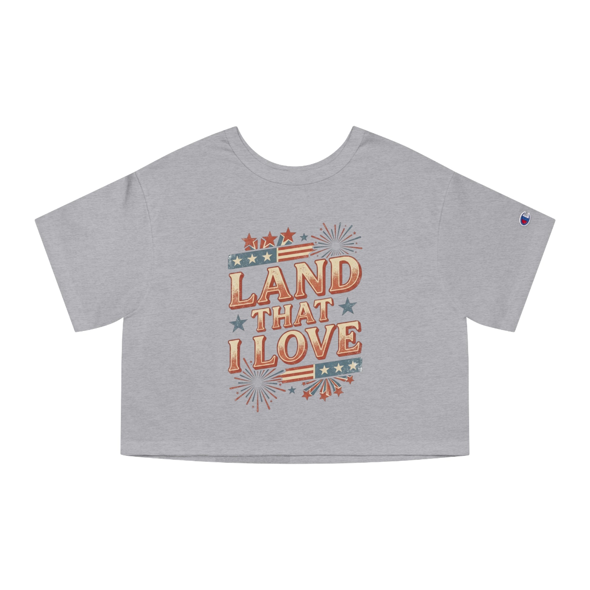 Gray cropped t-shirt with "Land That I Love" text and patriotic graphics.