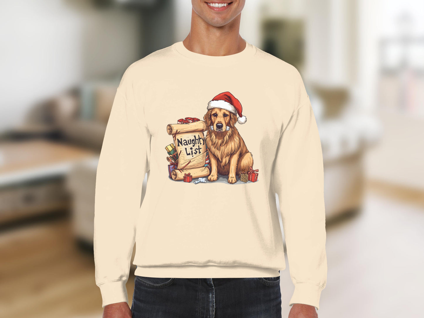Naughty List Cute Dog Wearing Santa Hat Sweatshirt