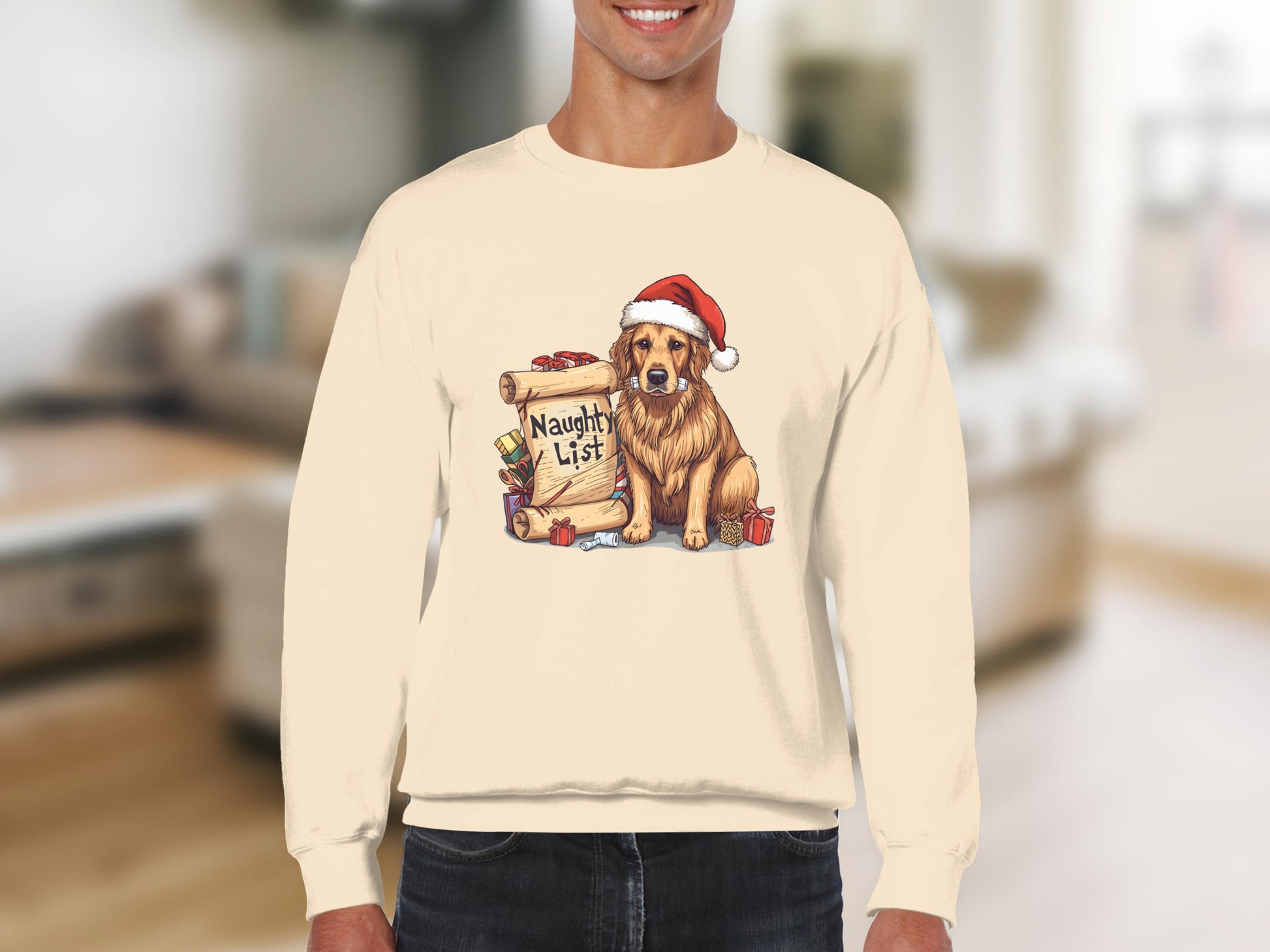 Naughty List Cute Dog Wearing Santa Hat Sweatshirt