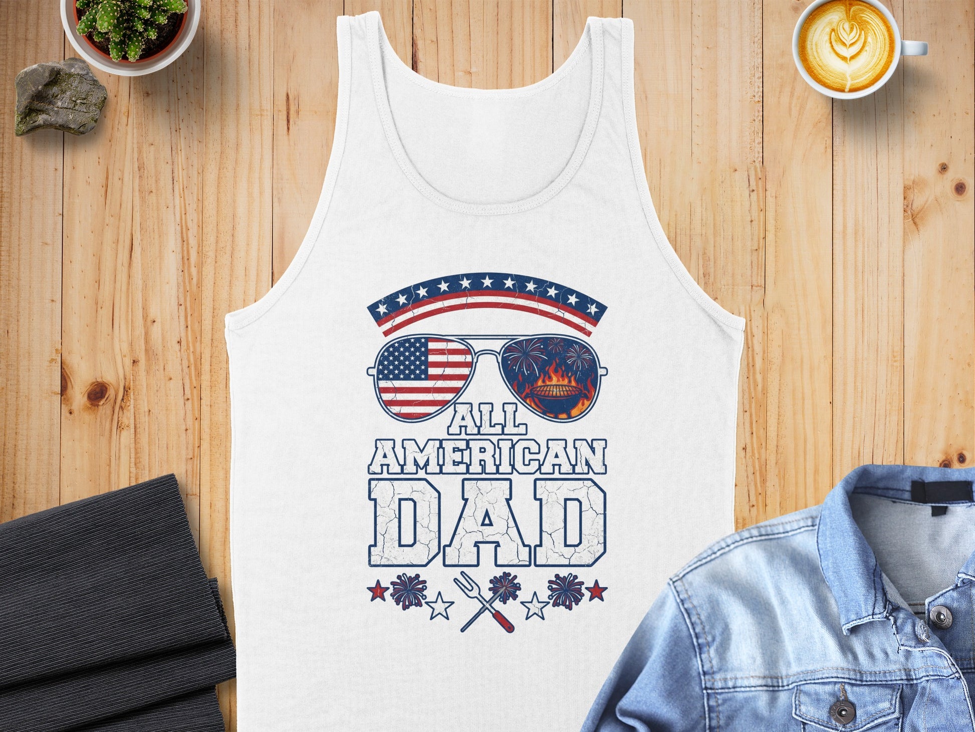 White tank top with "All American Dad" text and patriotic graphics.