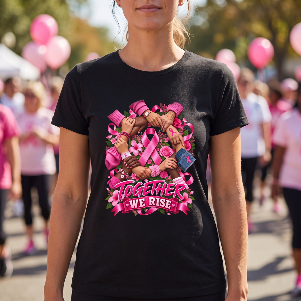 Woman wearing the Together We Rise breast cancer awareness t-shirt at a fundraiser walk