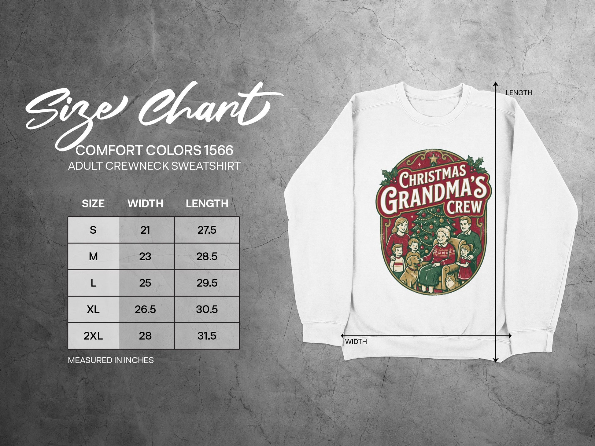 Comfort Colors 1566 adult crewneck sweatshirt size chart with measurements.