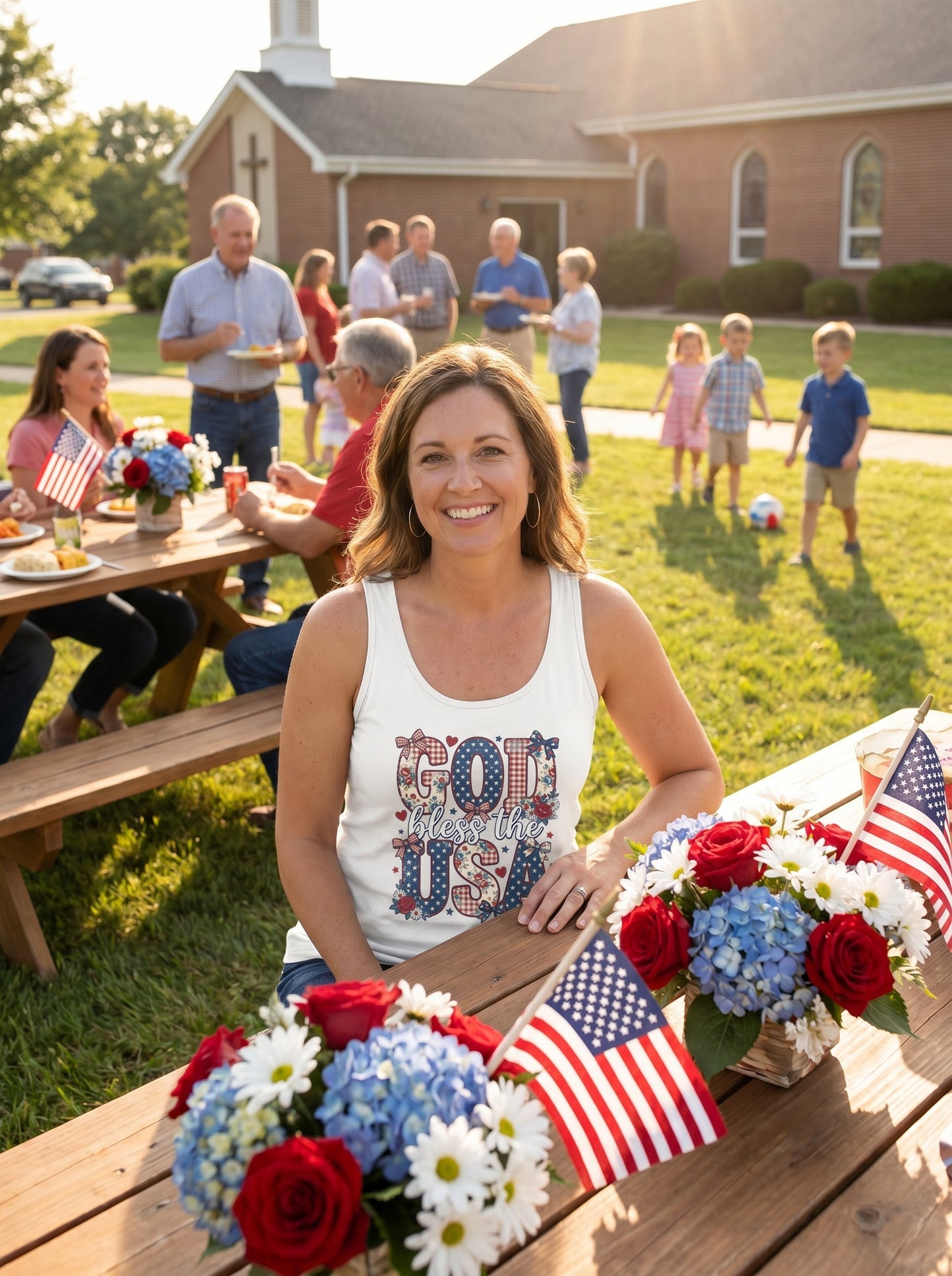 Lifestyle photo of woman wearing Vintage Americana Floral USA Faith Tank Top