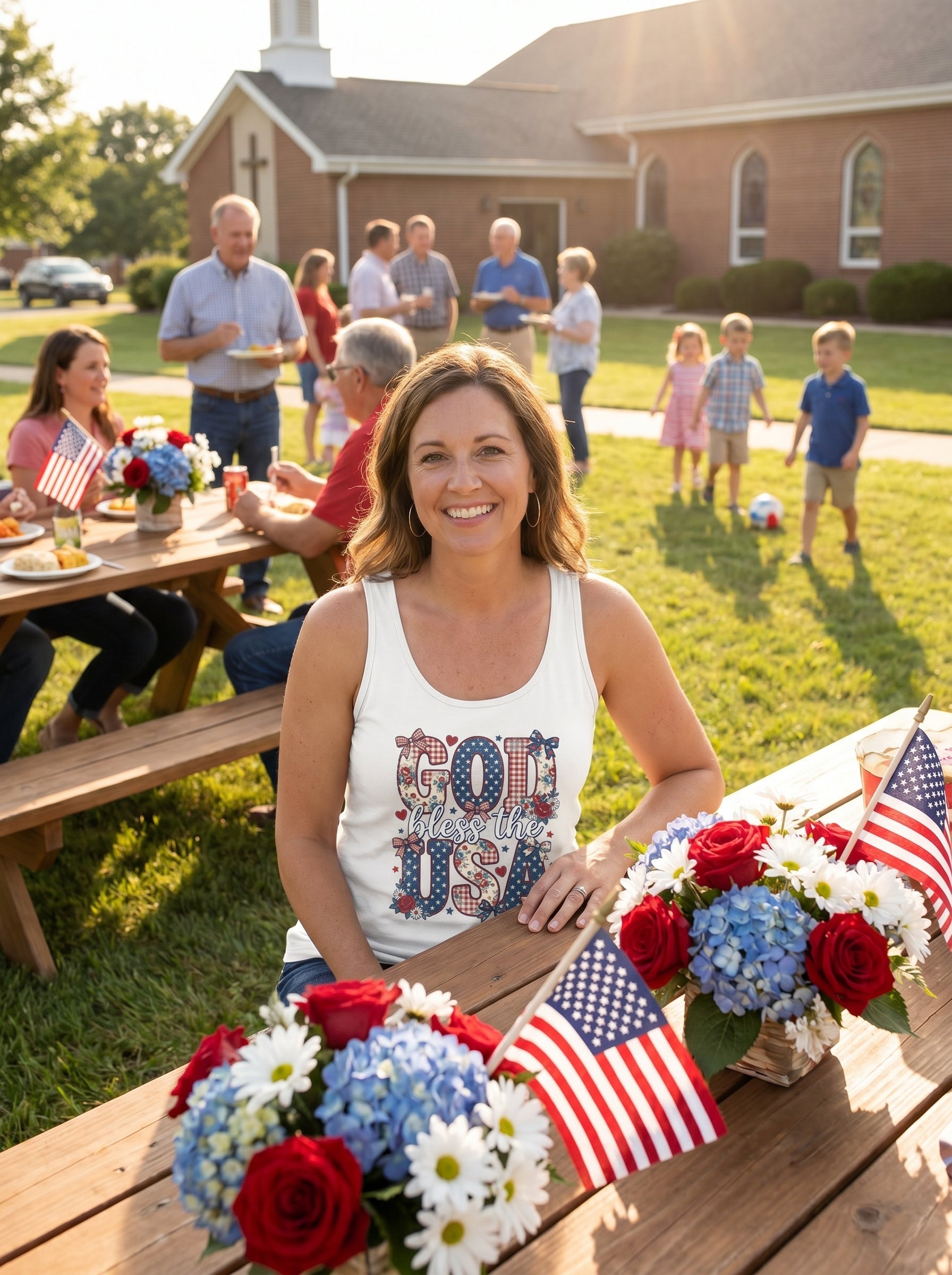 Lifestyle photo of woman wearing Vintage Americana Floral USA Faith Tank Top