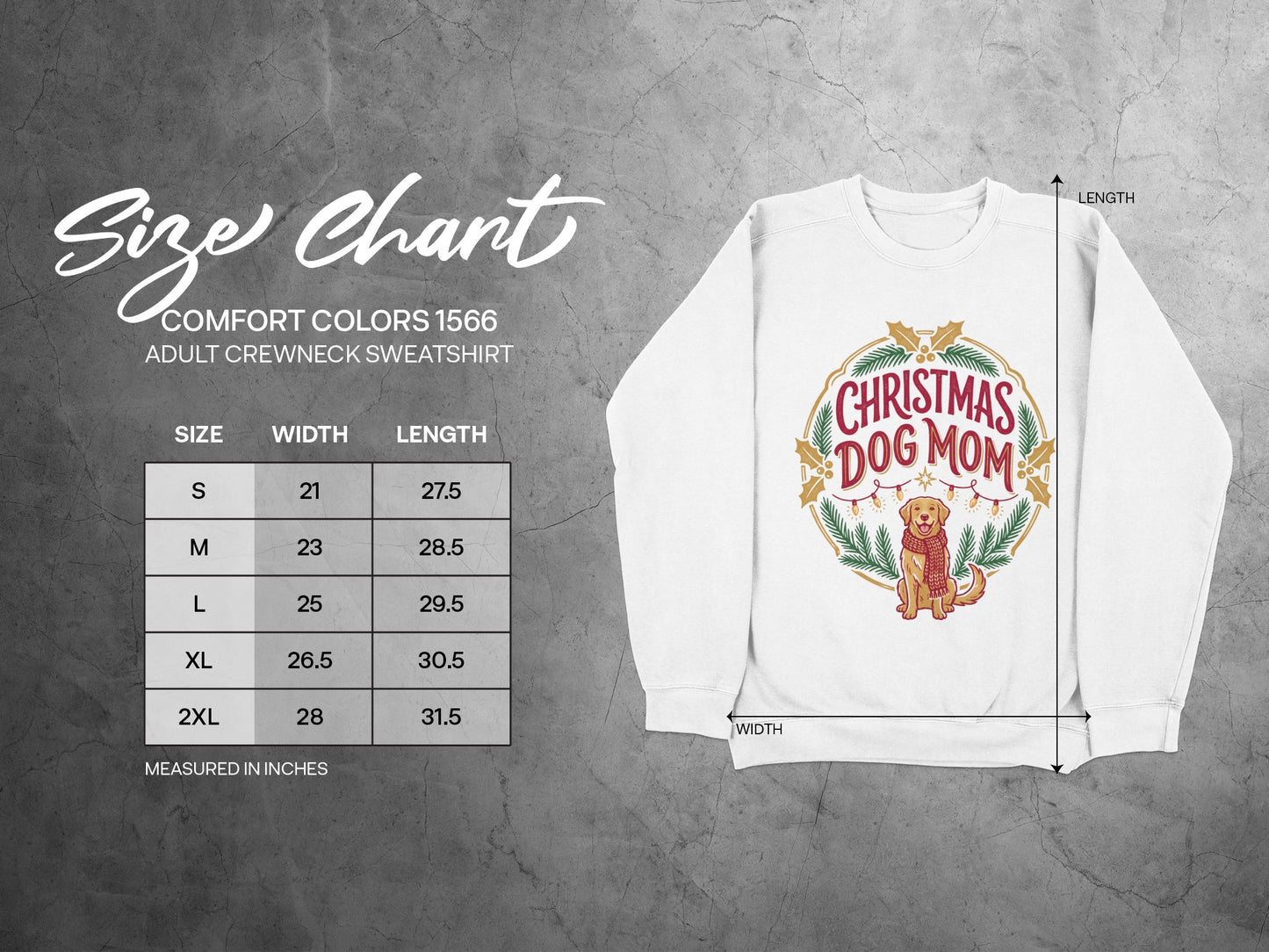 Size chart for Comfort Colors 1566 adult crewneck sweatshirt with Christmas Dog Mom graphic.