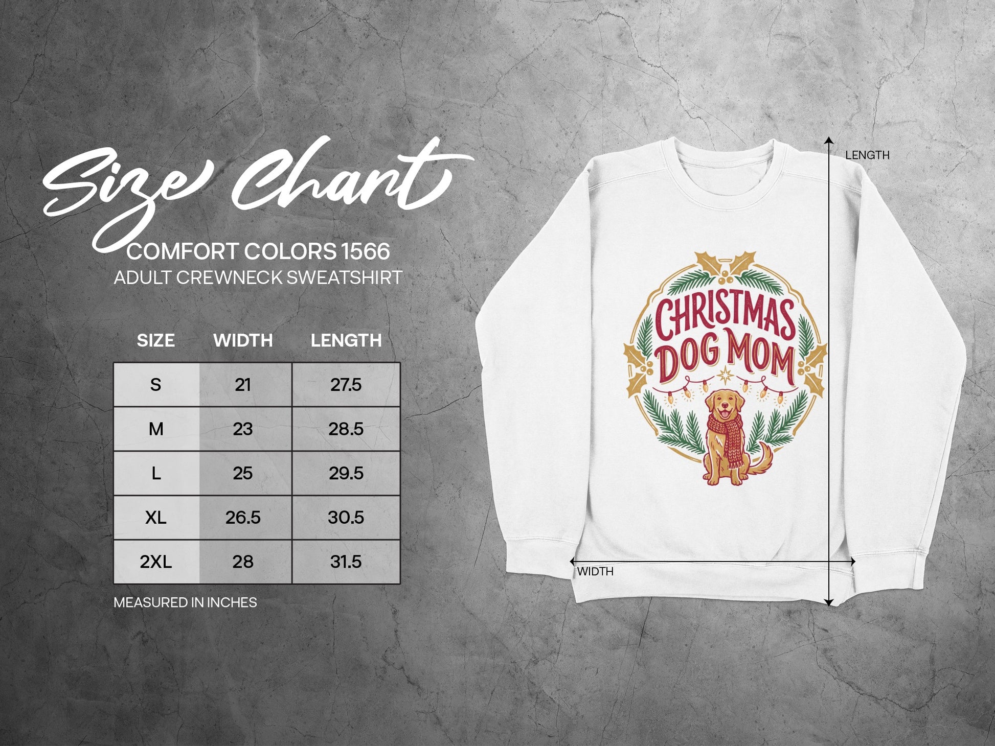 Size chart for Comfort Colors 1566 adult crewneck sweatshirt with Christmas Dog Mom graphic.