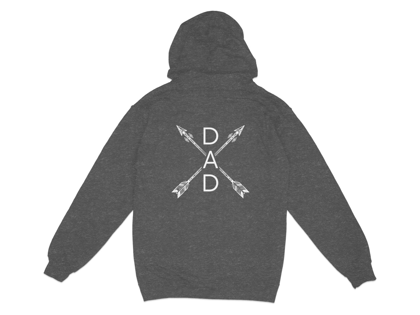 Dark gray hoodie with "DAD" in white text between two crossed arrows.