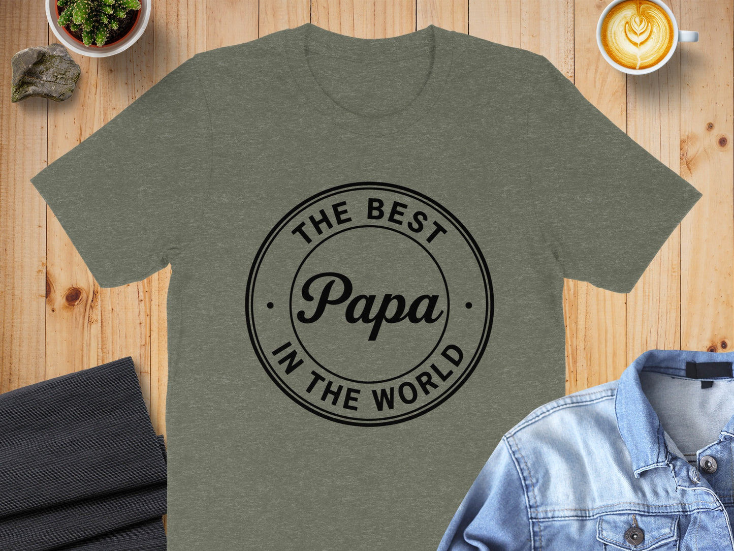 Heather grey t-shirt with "The Best Papa In The World" text.