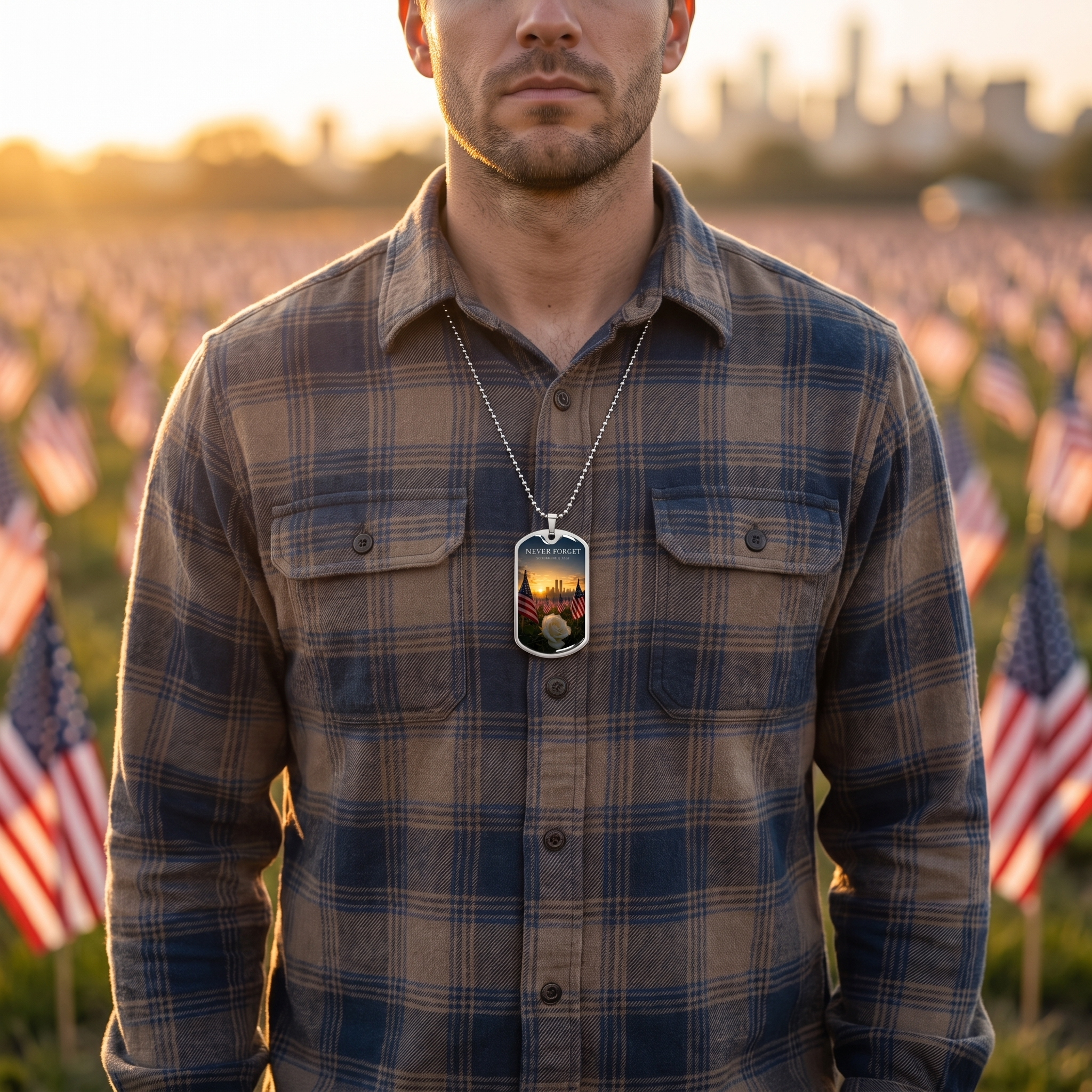 Man wearing the Never Forget 9/11 field of flags dog tag necklace in a field of American memorial flags at sunrise
