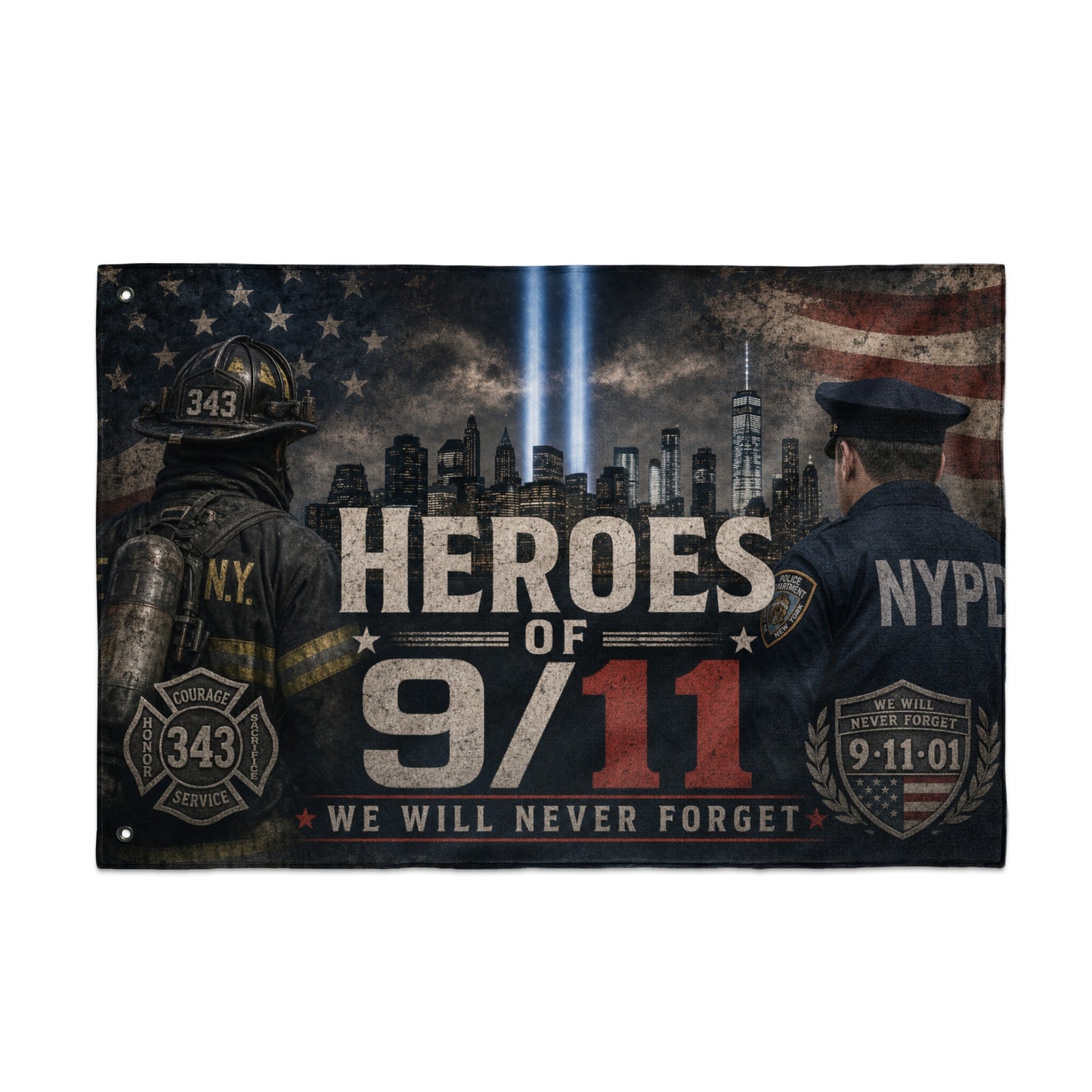 Heroes of 9/11 banner with firefighter, police officer, NYC skyline, and American flag.