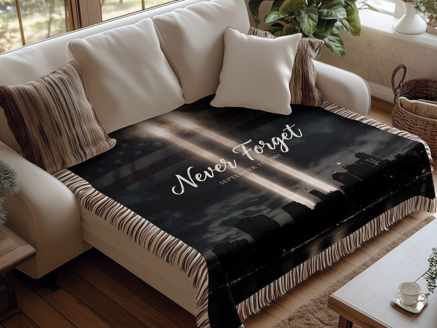 Tapestry blanket with Tribute in Light memorial, text "Never Forget September 11, 2001".