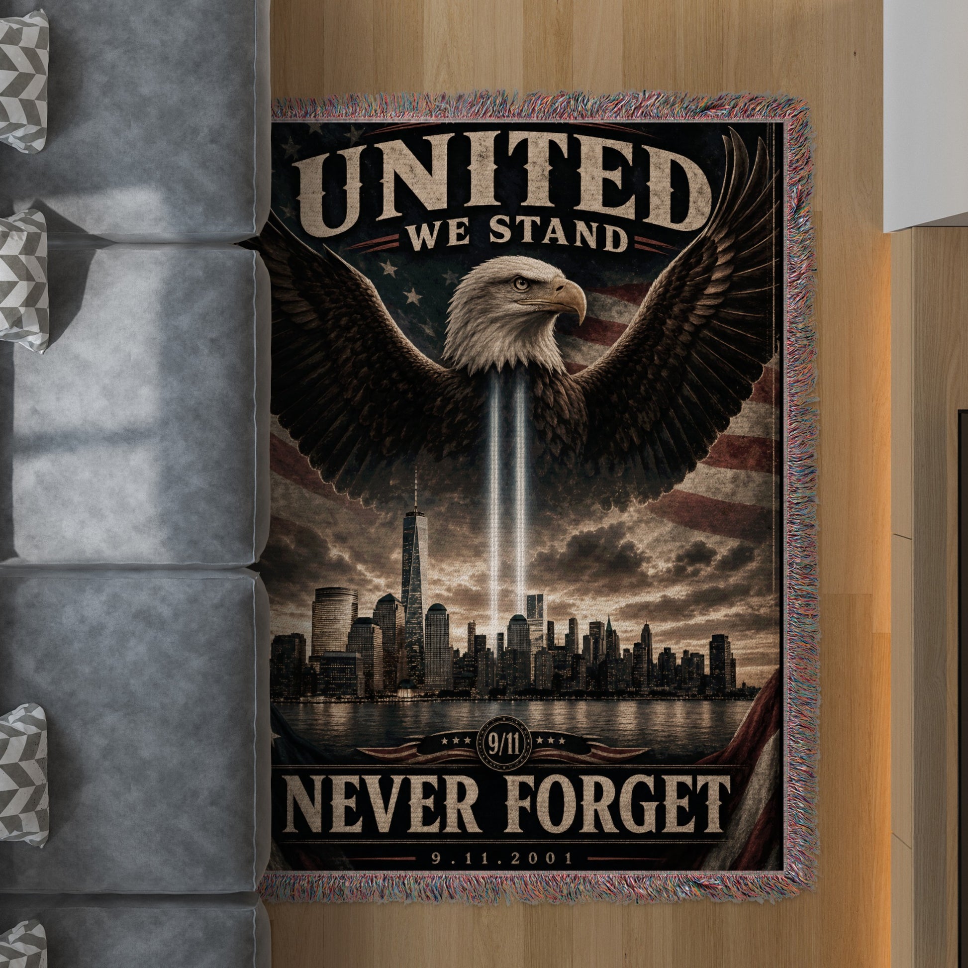Woven throw blanket with patriotic eagle, NYC skyline, and United We Stand 9/11 text.