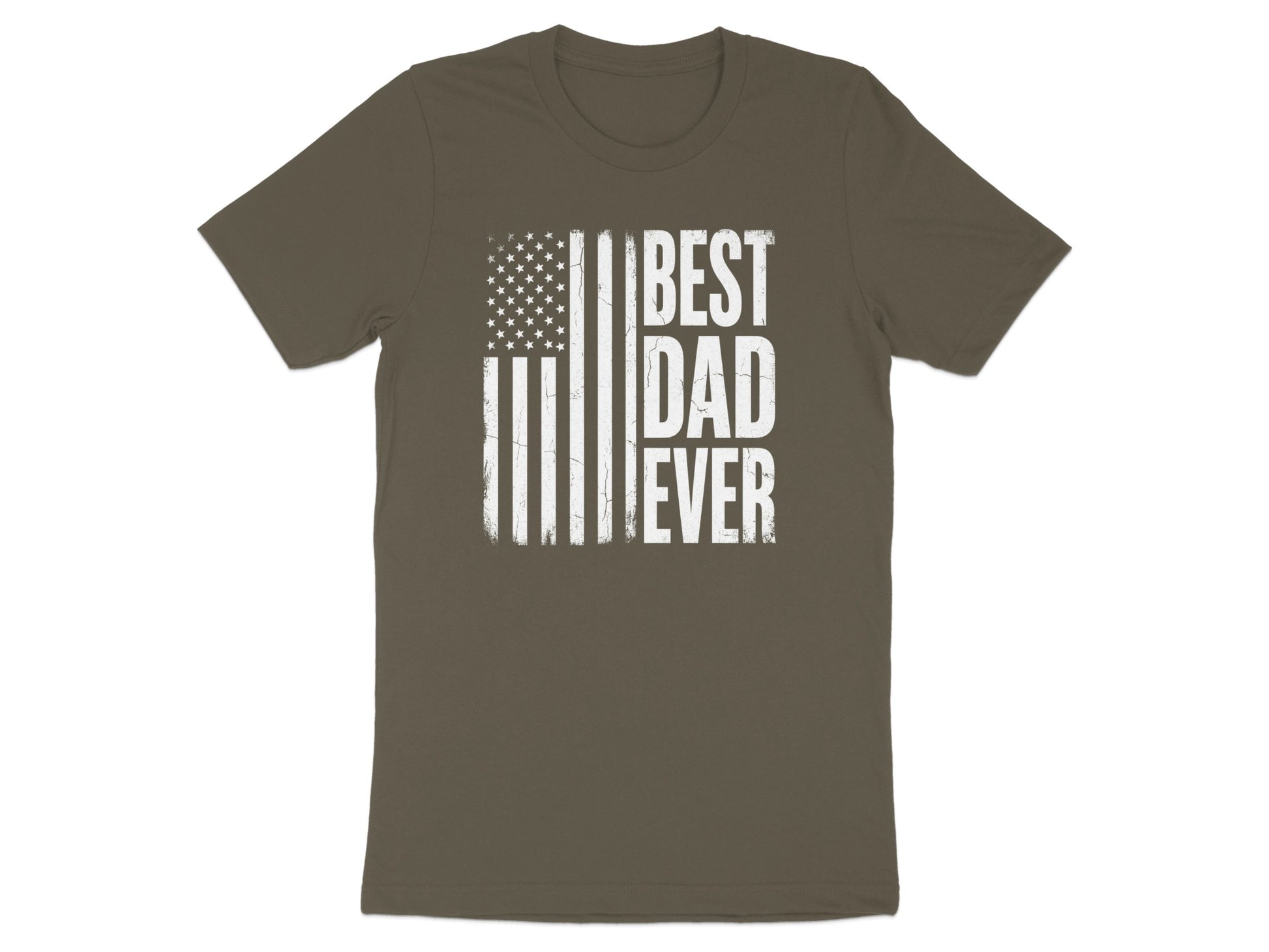 Brown t-shirt with distressed American flag and "BEST DAD EVER" text.