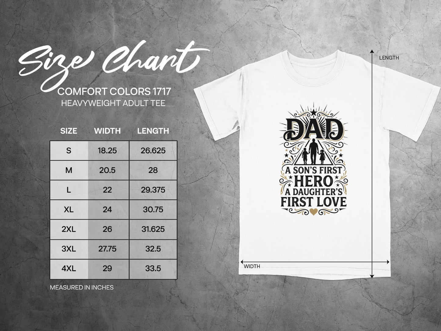 Comfort Colors 1717 adult tee size chart showing width and length in inches.