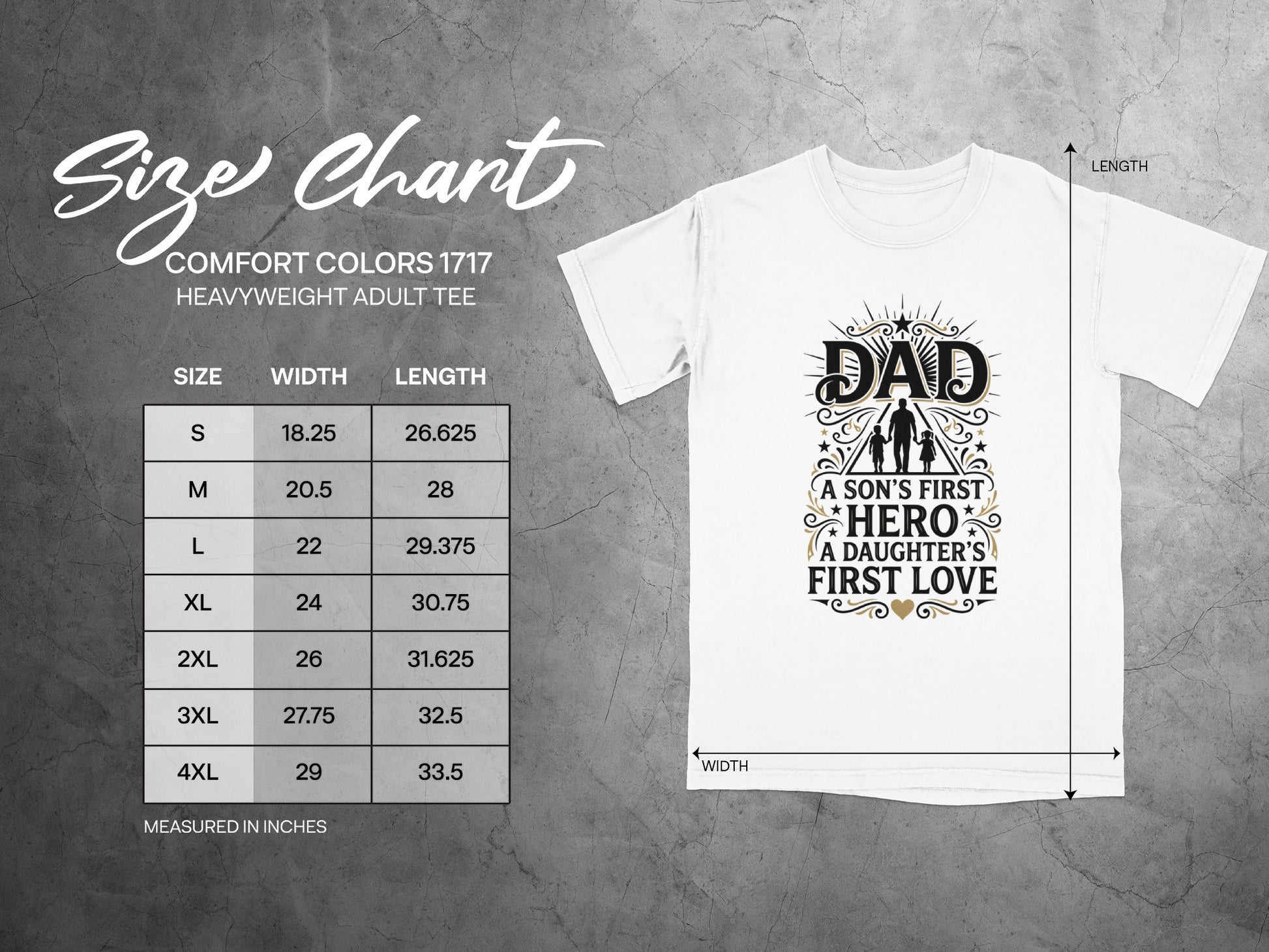 Comfort Colors 1717 adult tee size chart showing width and length in inches.