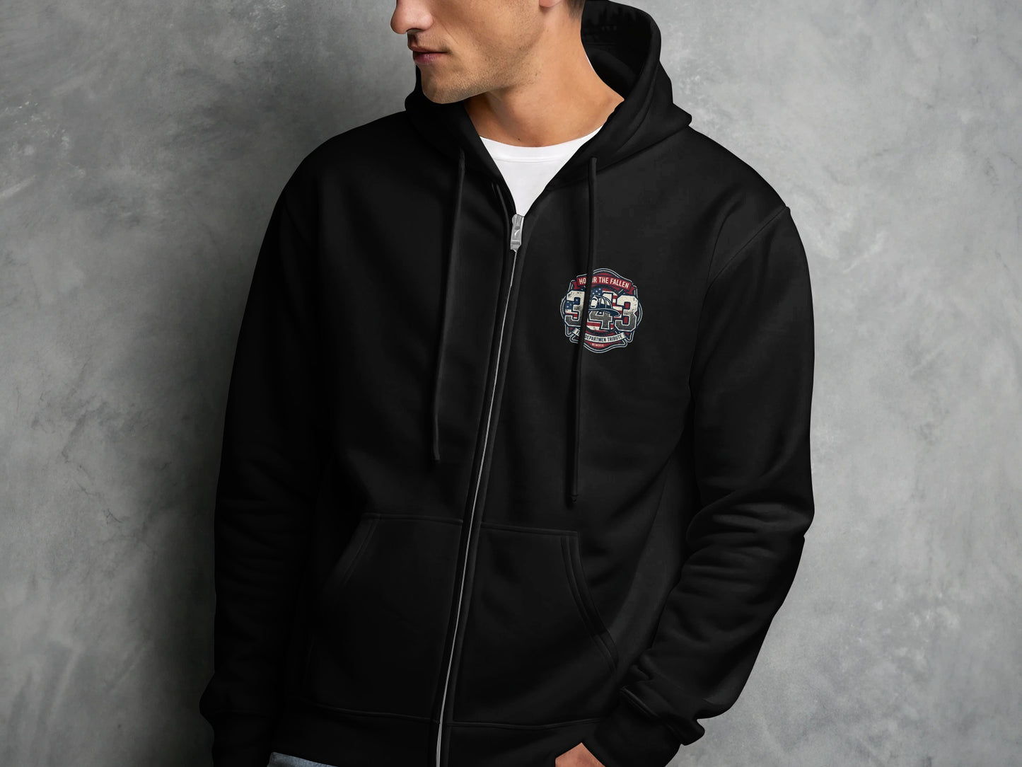 Black zip-up hoodie with a badge featuring "343" and patriotic elements.