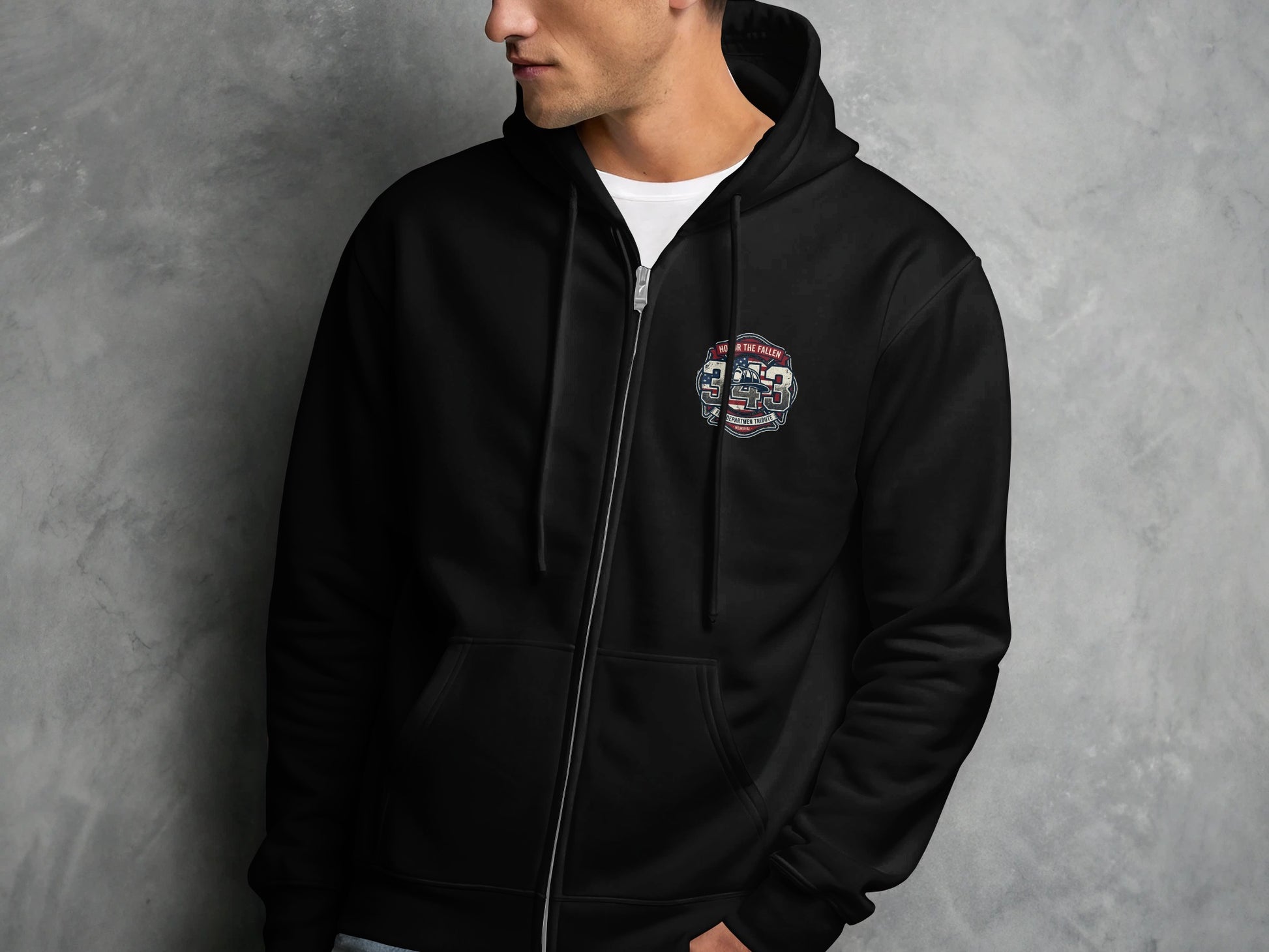 Black zip-up hoodie with a badge featuring "343" and patriotic elements.