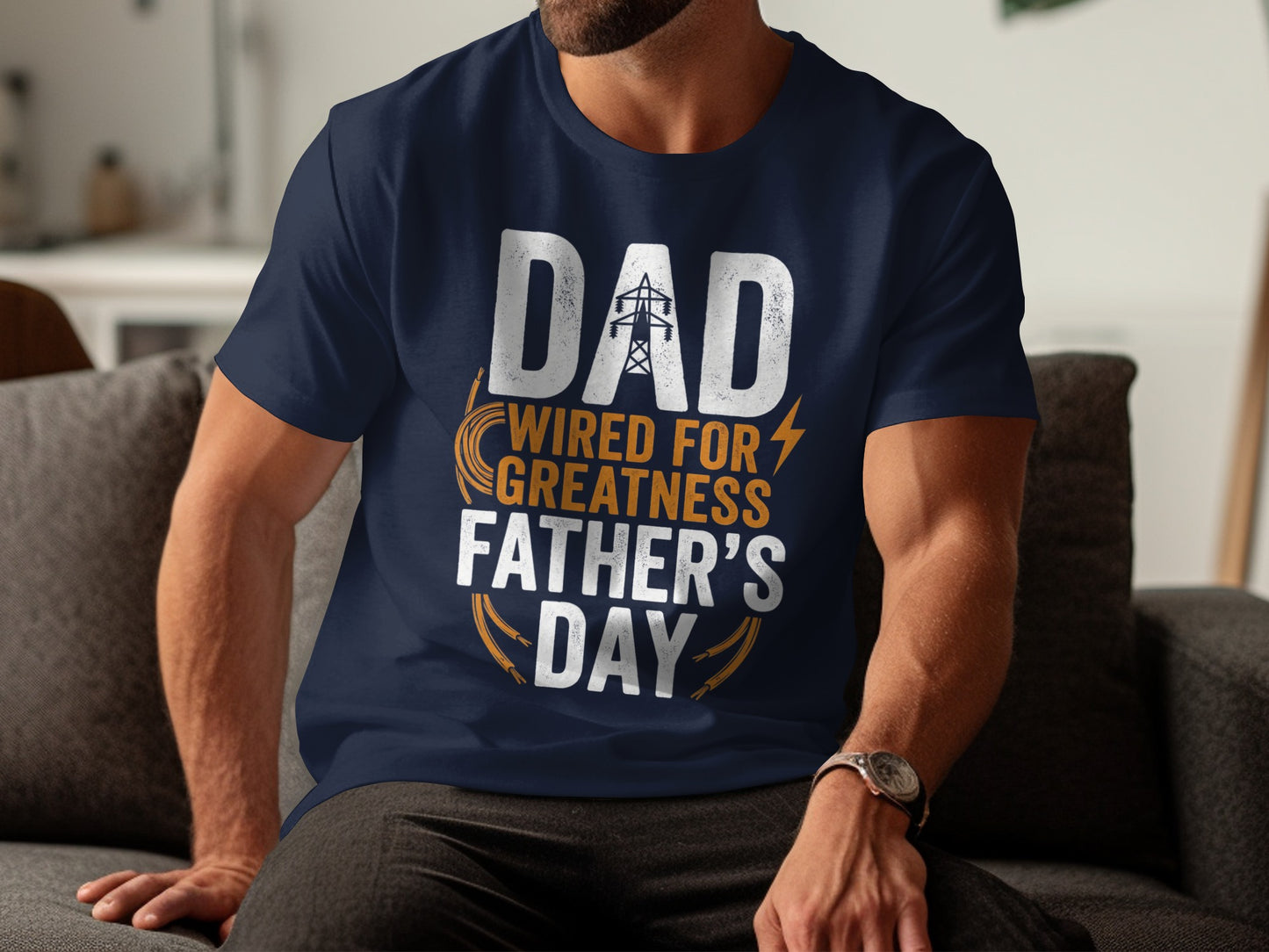 Navy t-shirt with white text and power line graphic, reading "DAD WIRED FOR GREATNESS FATHER'S DAY".