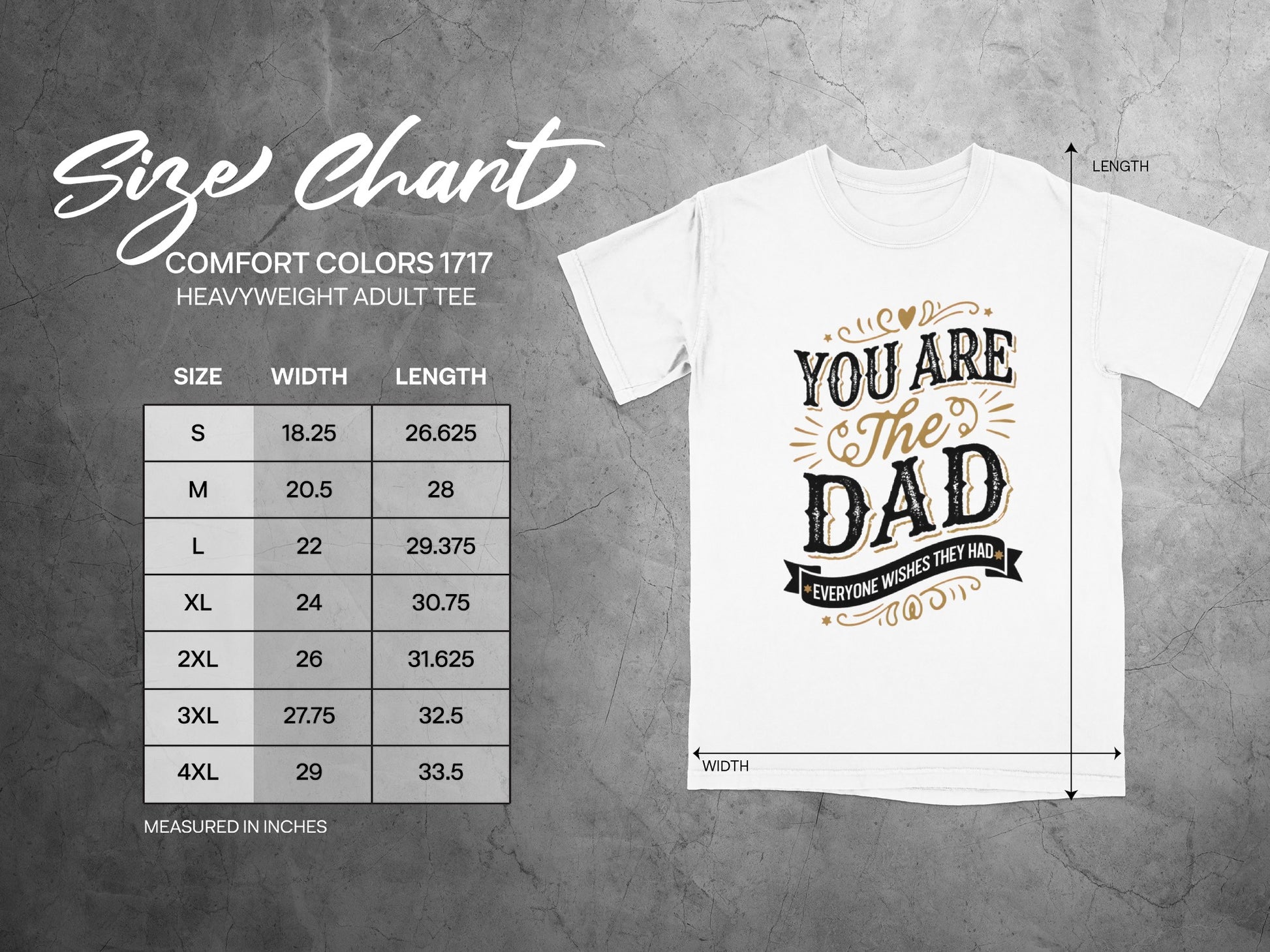 Size chart for Comfort Colors 1717 heavyweight adult tee with measurements.