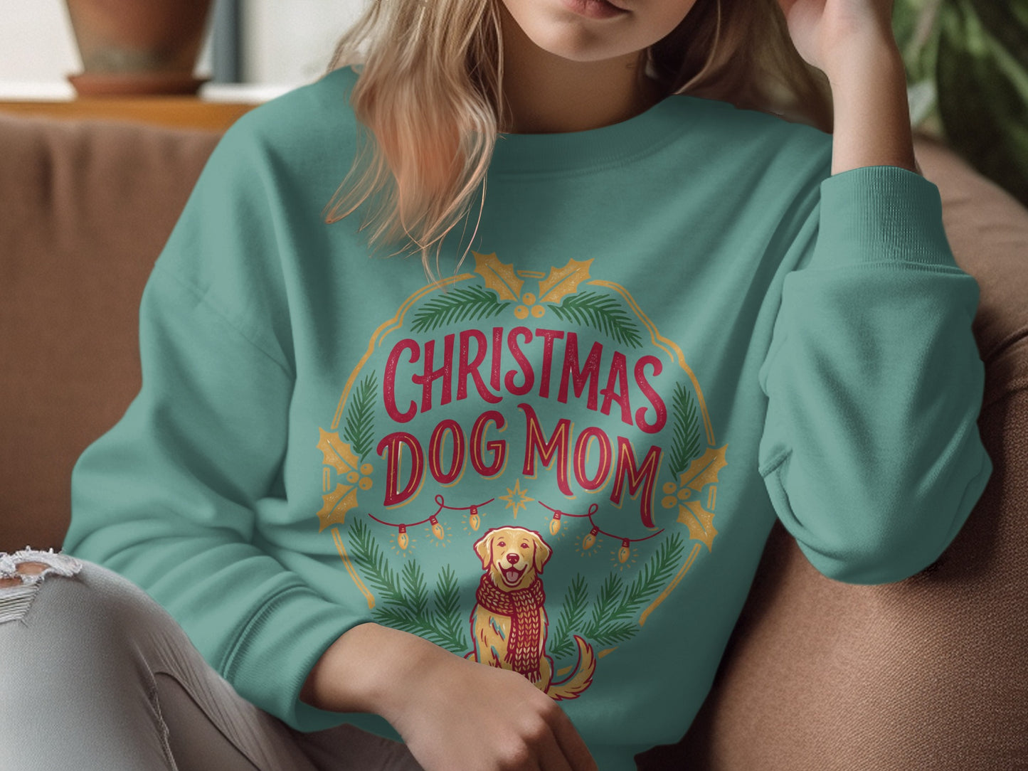 Teal sweatshirt with "Christmas Dog Mom" text and a golden retriever wearing a scarf.