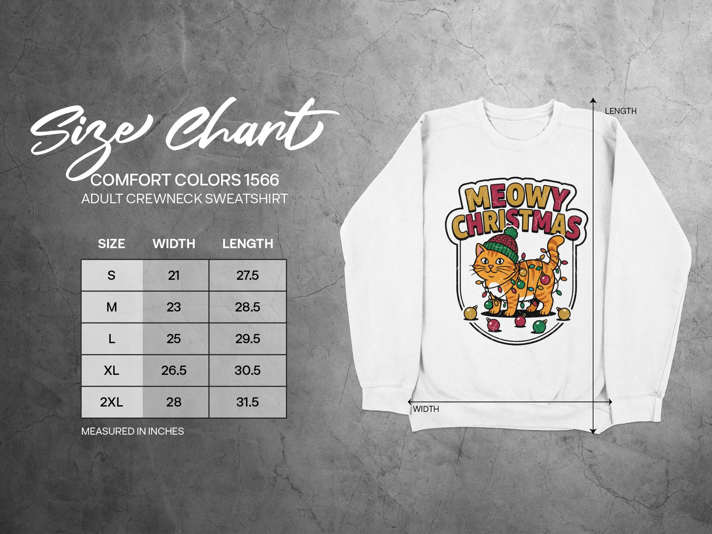 Comfort Colors 1566 Adult Crewneck Sweatshirt size chart with measurements.