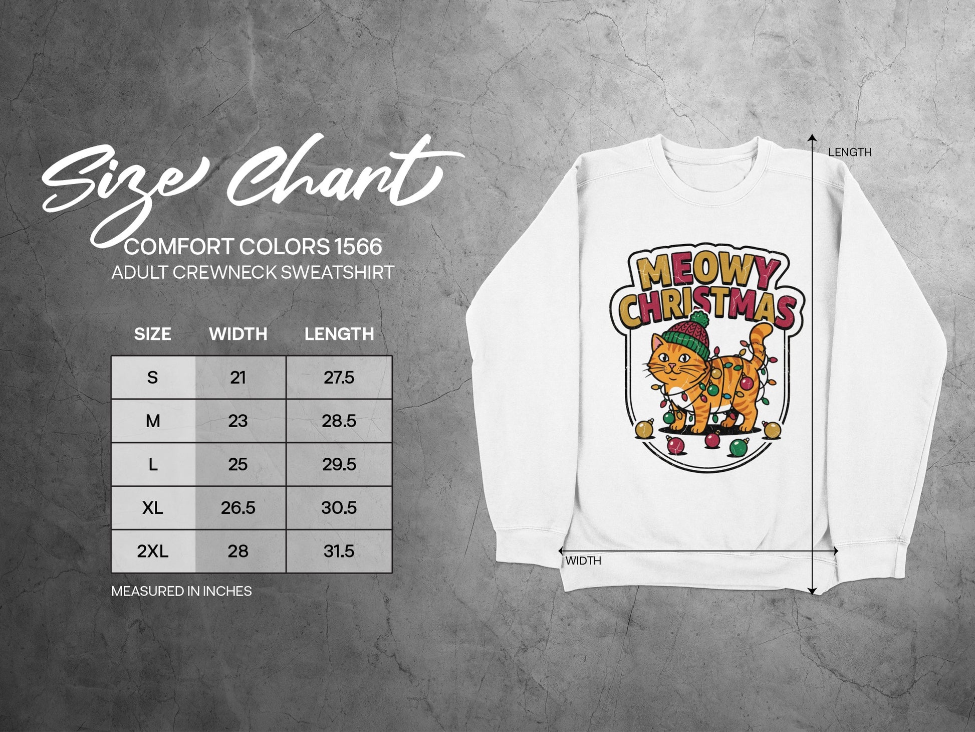 Comfort Colors 1566 Adult Crewneck Sweatshirt size chart with measurements.