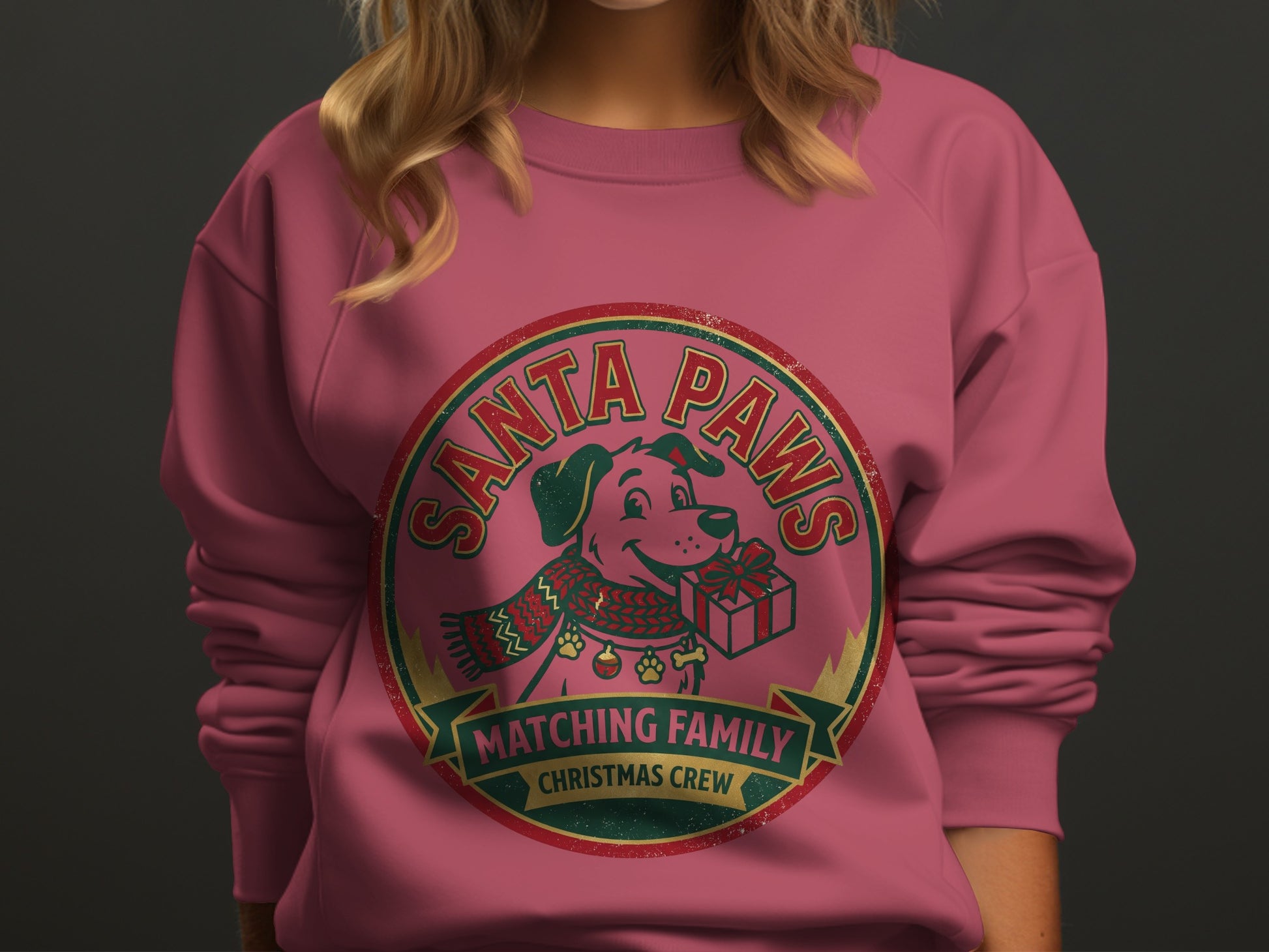 Pink sweatshirt with "Santa Paws Matching Family Christmas Crew" text and a dog with a gift.